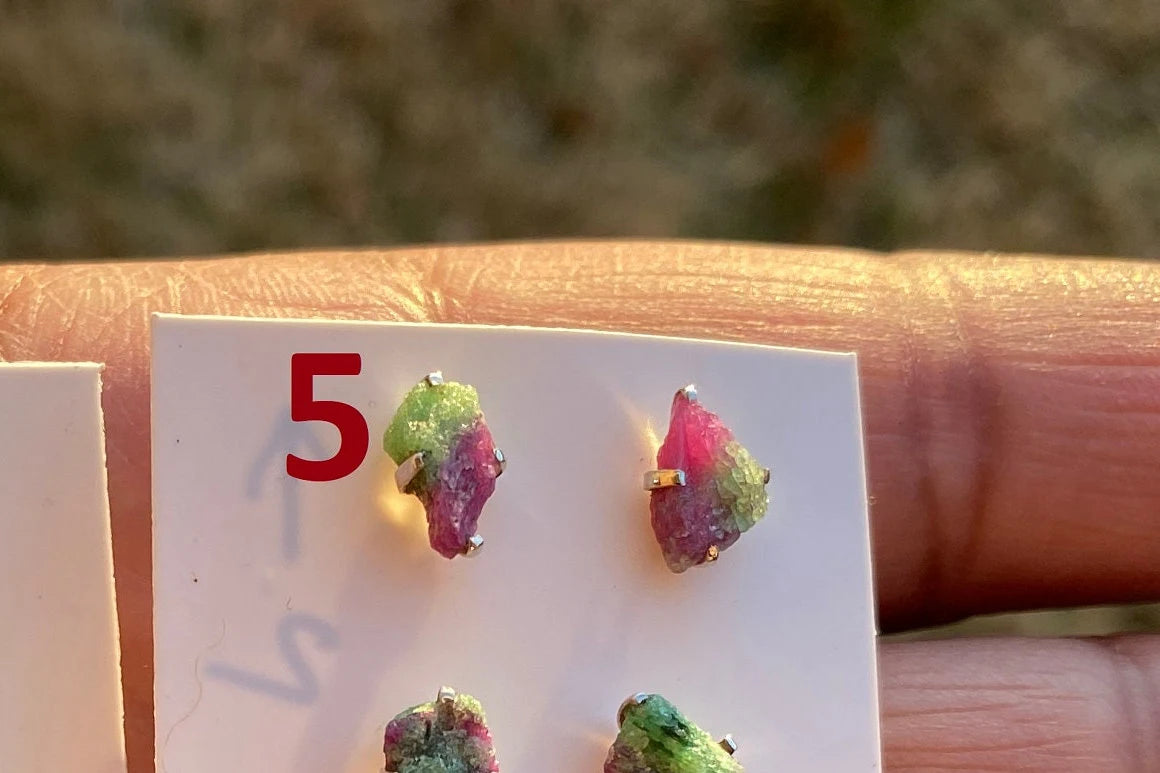 Small Raw Ruby Zoisite Gemstone Sterling Silver Stud Earrings, Rough Gemstone, Tiny Prong Stud, Healing Crystal Earring, Gift for Girlfriend