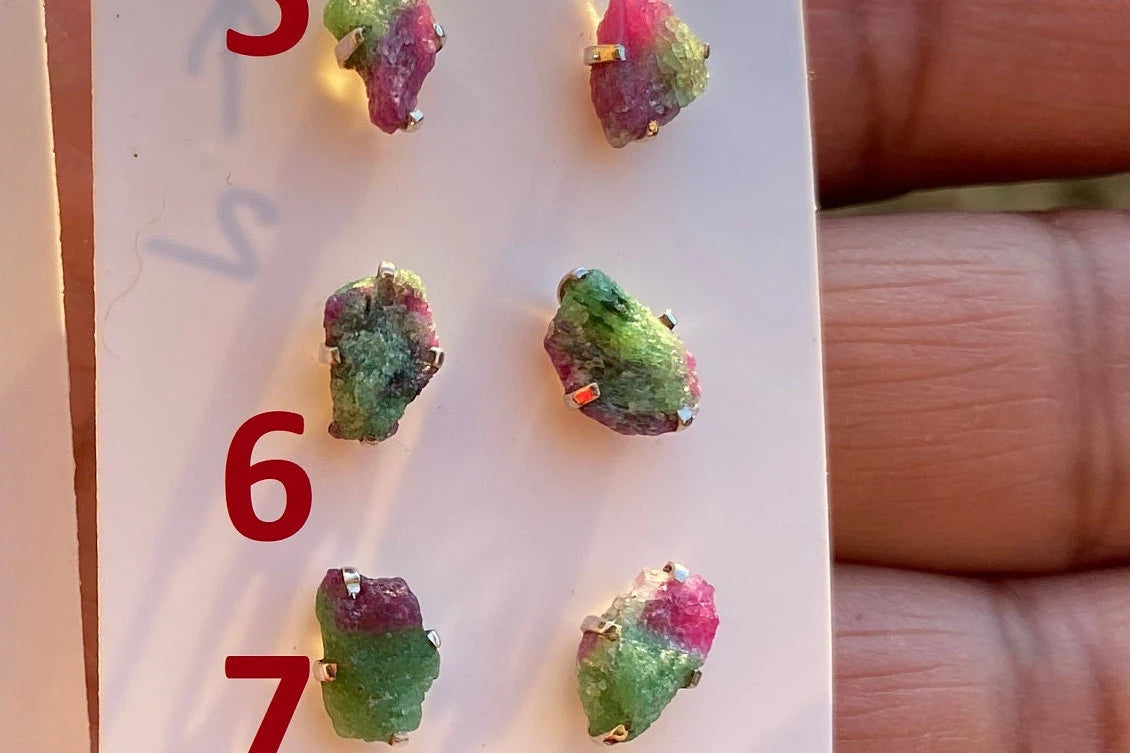 Small Raw Ruby Zoisite Gemstone Sterling Silver Stud Earrings, Rough Gemstone, Tiny Prong Stud, Healing Crystal Earring, Gift for Girlfriend
