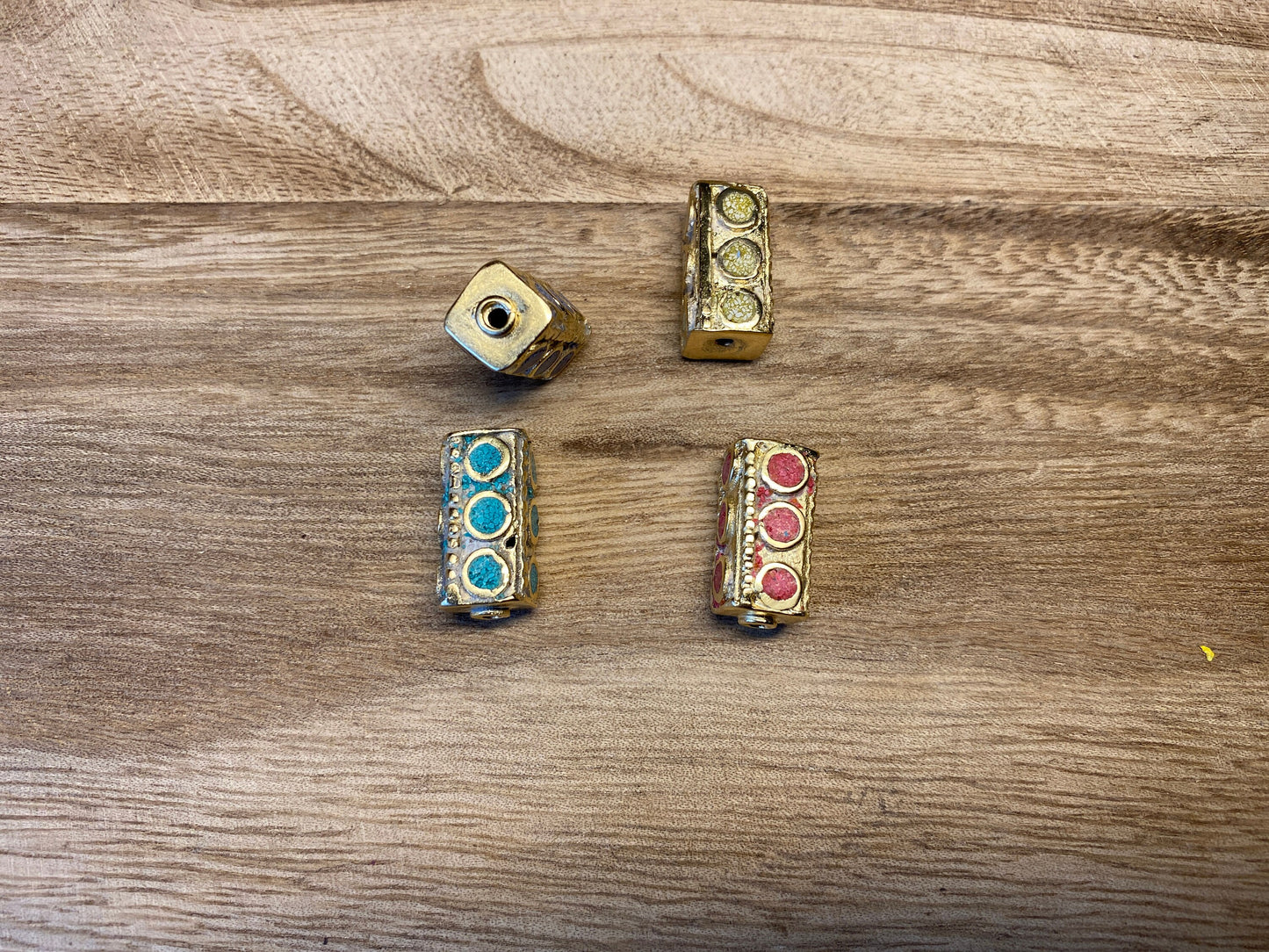 Small Tibetan Beads, 14k Matte Gold Overlay over Brass, Turquoise Coral Lapis Inlay Beads, Nepal Ethnic Tribal Yoga Metal Box Beads