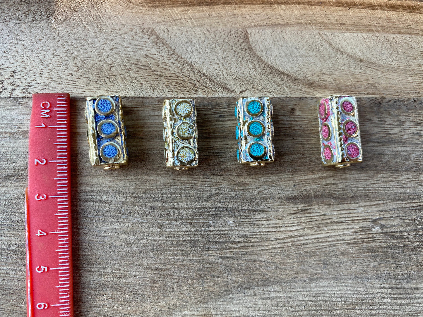 Small Tibetan Beads, 14k Matte Gold Overlay over Brass, Turquoise Coral Lapis Inlay Beads, Nepal Ethnic Tribal Yoga Metal Box Beads