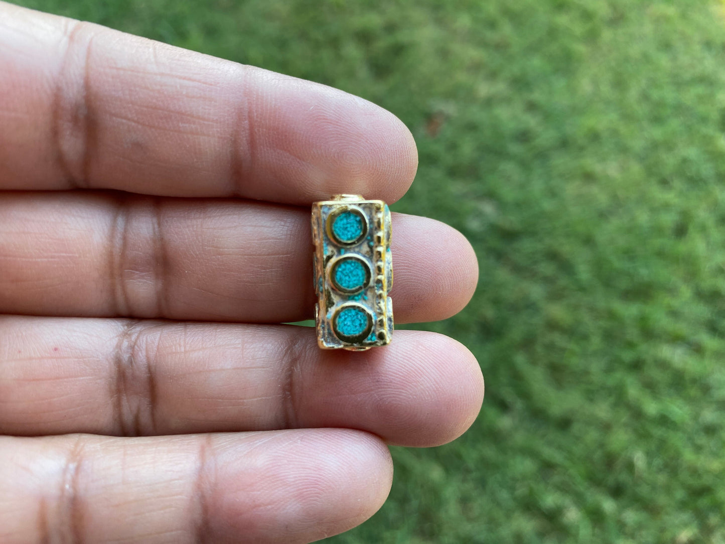 Small Tibetan Beads, 14k Matte Gold Overlay over Brass, Turquoise Coral Lapis Inlay Beads, Nepal Ethnic Tribal Yoga Metal Box Beads