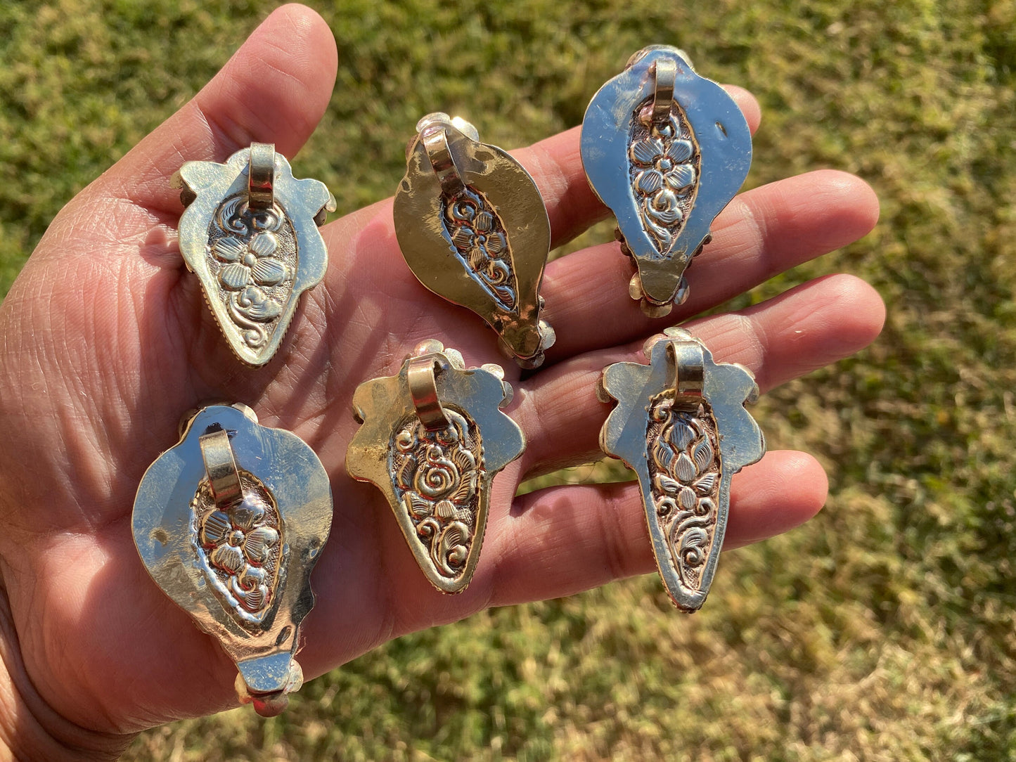 Small Tibetan Silver Pendant with Natural Dendritic Jasper, Flower and Feather Design, Unique Jewelry, Nature Lover Jewelry, Crystal Pendant