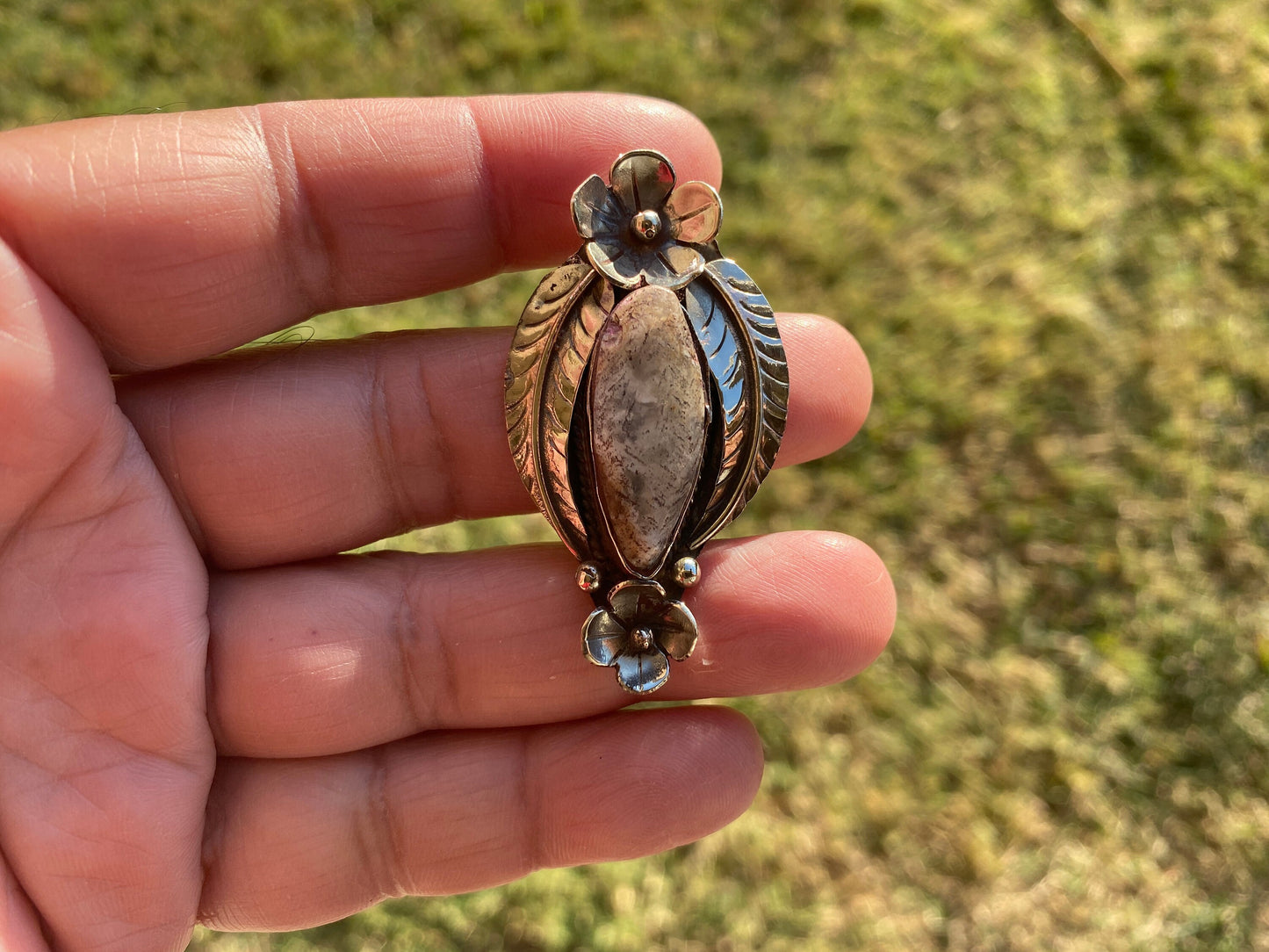 Small Tibetan Silver Pendant with Natural Dendritic Jasper, Flower and Feather Design, Unique Jewelry, Nature Lover Jewelry, Crystal Pendant
