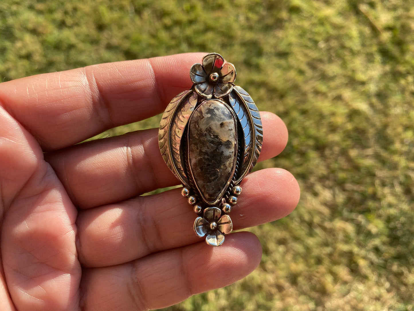Small Tibetan Silver Pendant with Natural Dendritic Jasper, Flower and Feather Design, Unique Jewelry, Nature Lover Jewelry, Crystal Pendant