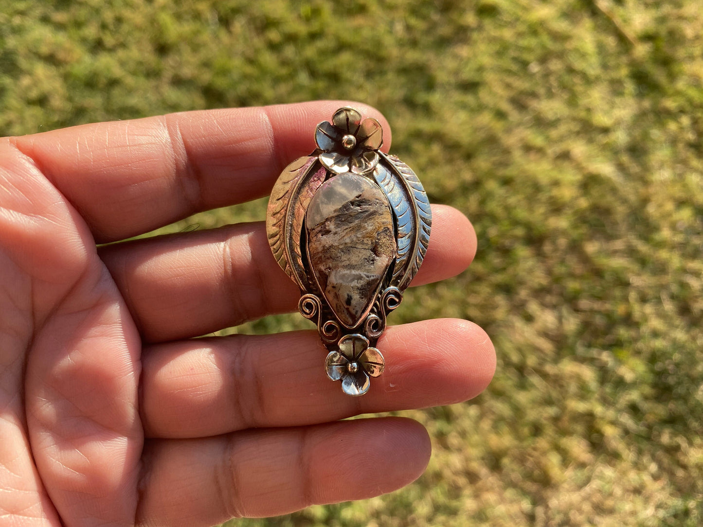 Small Tibetan Silver Pendant with Natural Dendritic Jasper, Flower and Feather Design, Unique Jewelry, Nature Lover Jewelry, Crystal Pendant