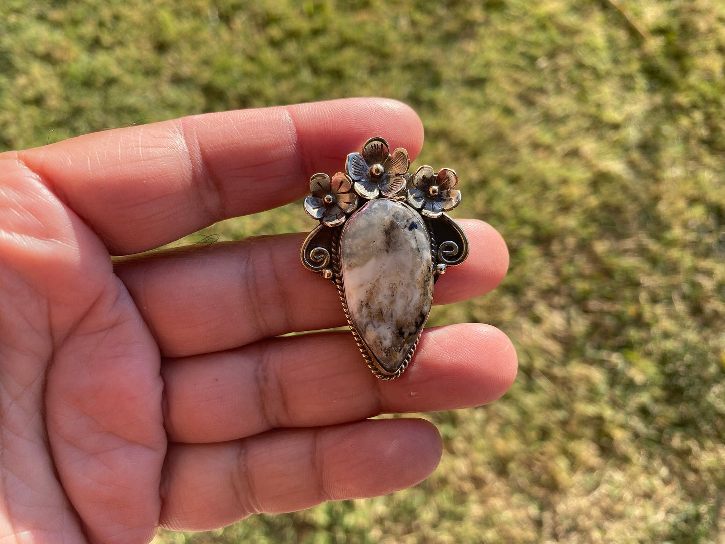 Small Tibetan Silver Pendant with Natural Dendritic Jasper, Flower and Feather Design, Unique Jewelry, Nature Lover Jewelry, Crystal Pendant
