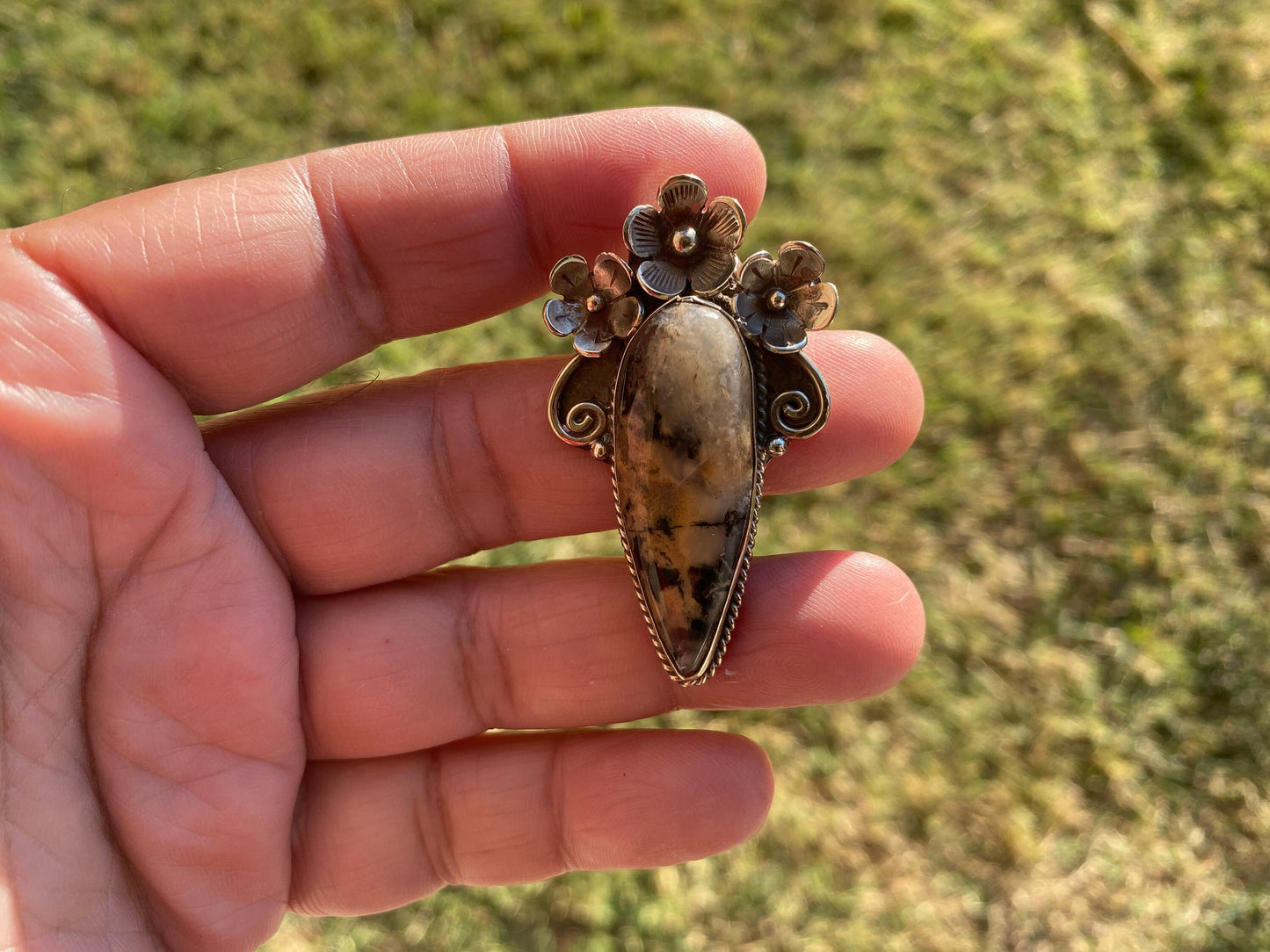 Small Tibetan Silver Pendant with Natural Dendritic Jasper, Flower and Feather Design, Unique Jewelry, Nature Lover Jewelry, Crystal Pendant