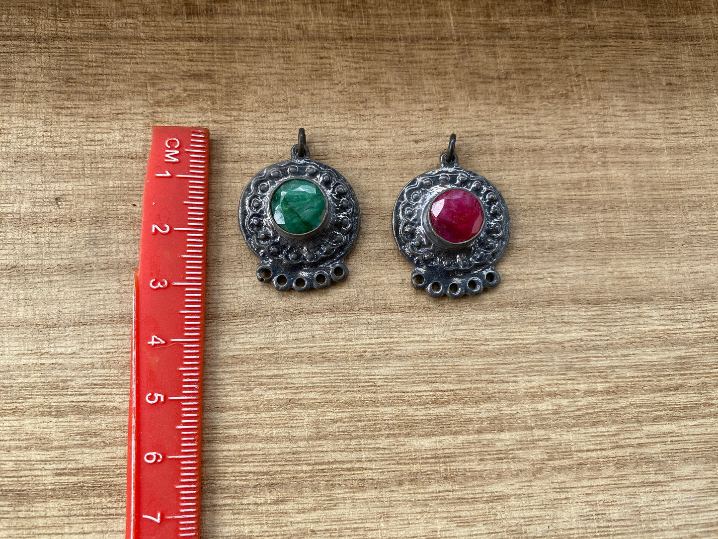 Small Tribal Gemstone Pendant, Oxidize Brass, Emerald Charm, Ruby Tibetan Pendant, Charm for Earring/Necklace/Bracelet, Handmade in Nepal,