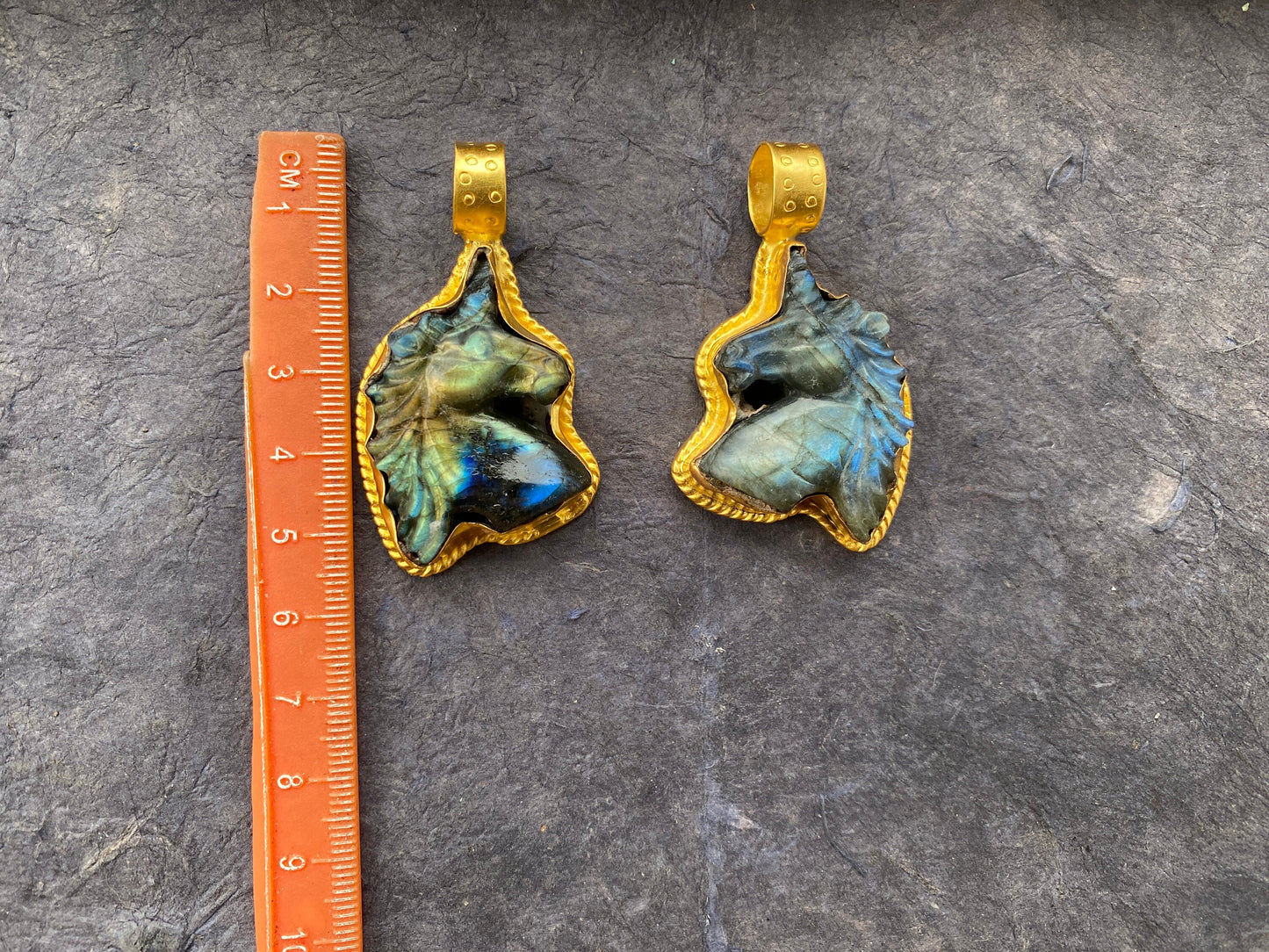 Small Unicorn Labradorite Natural Stone Pendant, 18K Non Tarnish Brushed Gold Overlay Jewelry, Blue Labradorite Horse, Healing Crystal