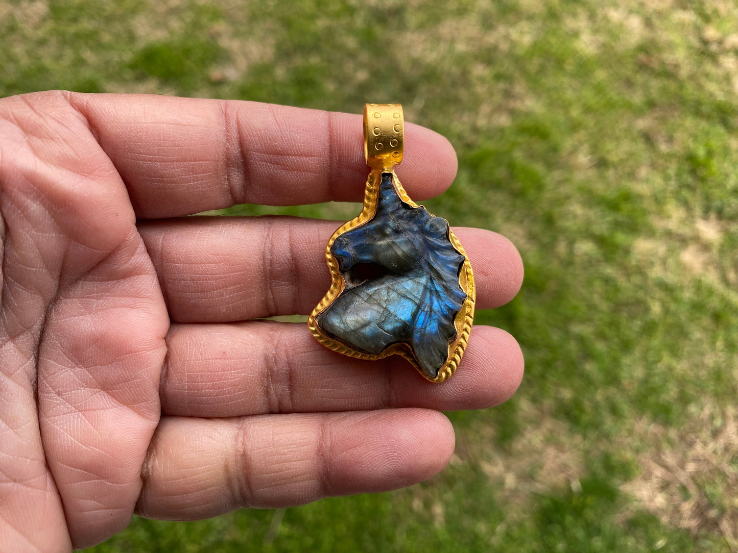 Small Unicorn Labradorite Natural Stone Pendant, 18K Non Tarnish Brushed Gold Overlay Jewelry, Blue Labradorite Horse, Healing Crystal