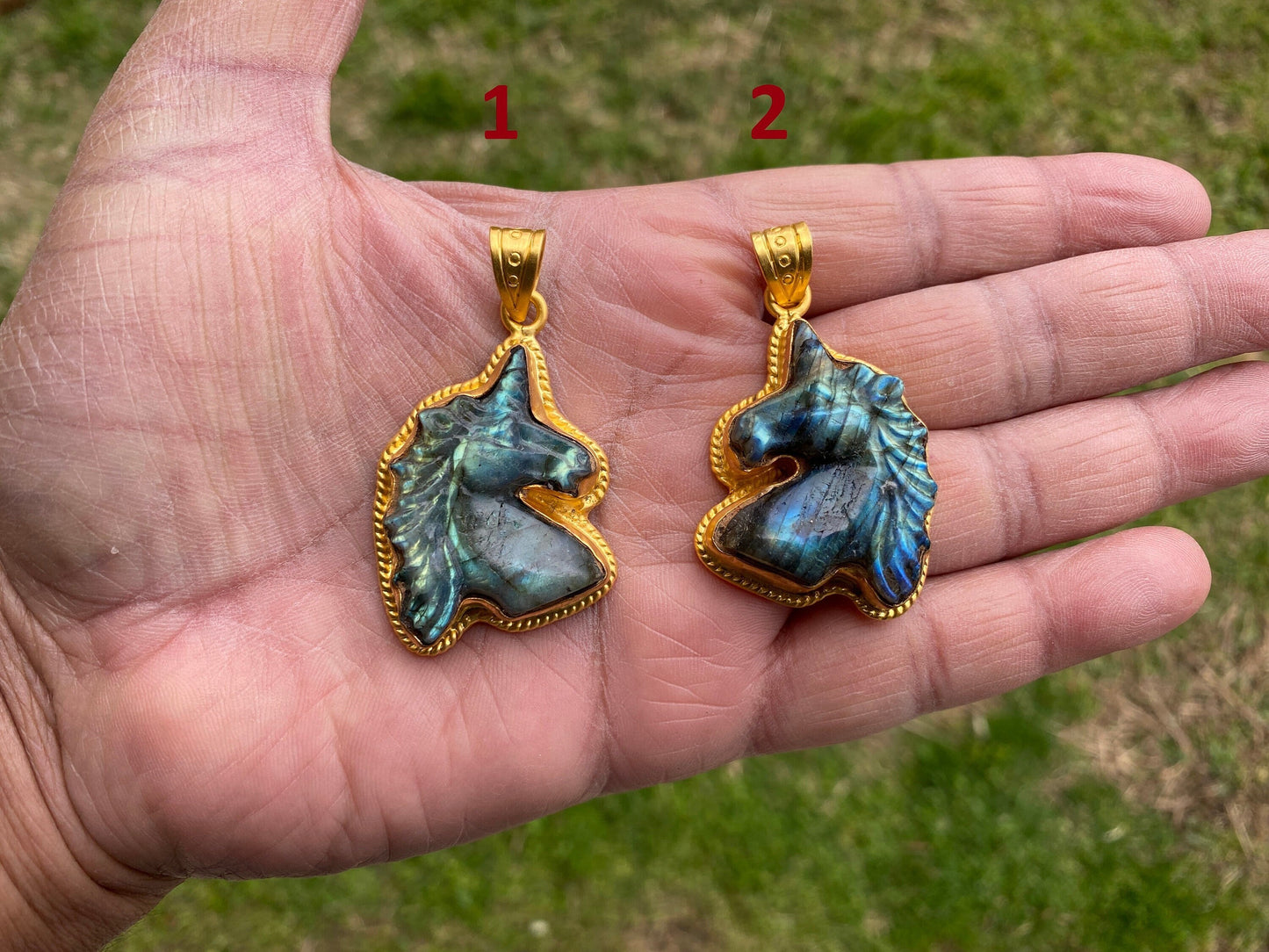 Small Unicorn Labradorite Natural Stone Pendant, 18K Non Tarnish Brushed Gold Overlay Jewelry, Blue Labradorite Horse, Healing Crystal