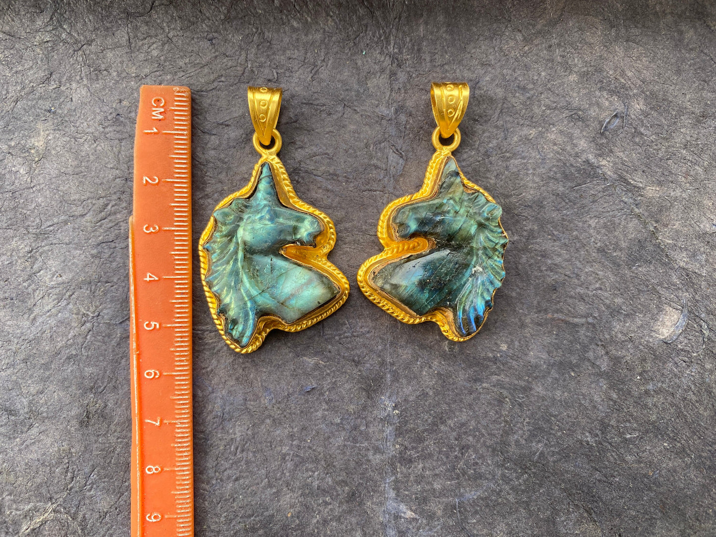 Small Unicorn Labradorite Natural Stone Pendant, 18K Non Tarnish Brushed Gold Overlay Jewelry, Blue Labradorite Horse, Healing Crystal