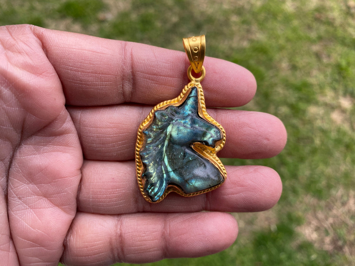 Small Unicorn Labradorite Natural Stone Pendant, 18K Non Tarnish Brushed Gold Overlay Jewelry, Blue Labradorite Horse, Healing Crystal