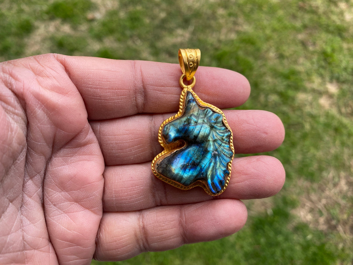 Small Unicorn Labradorite Natural Stone Pendant, 18K Non Tarnish Brushed Gold Overlay Jewelry, Blue Labradorite Horse, Healing Crystal