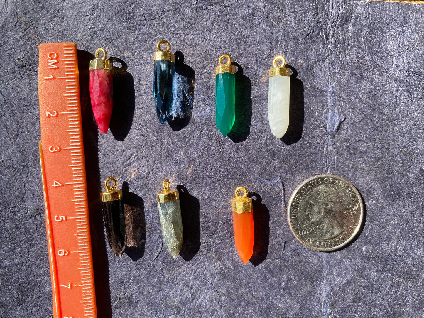 Small Spike Dagger 18K Gold Electroplated with Sterling Silver Bail, Birthstone Pointed Gemstone, Gold Rim Bezel Pendant, Gold Edge Stone