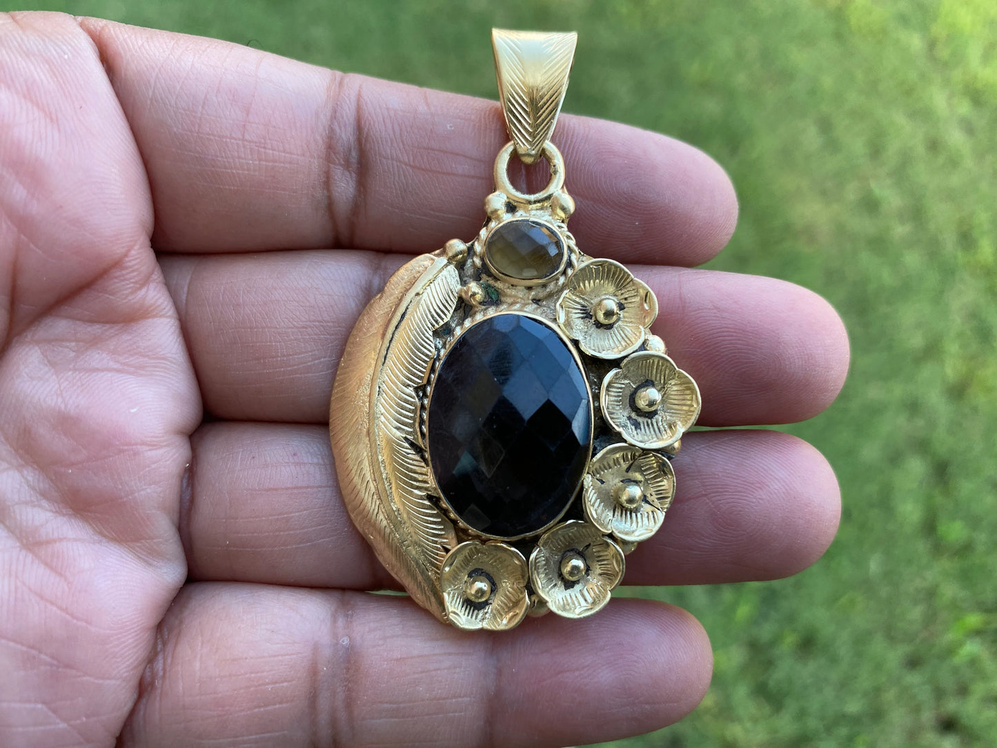 Smoky Topaz Gemstone Pendant, 14k Brushed Gold Overlay, Natural Stone Pendant,Necklace Pendant,Birthstone Pendant, Ethnic Jewelry from Nepal