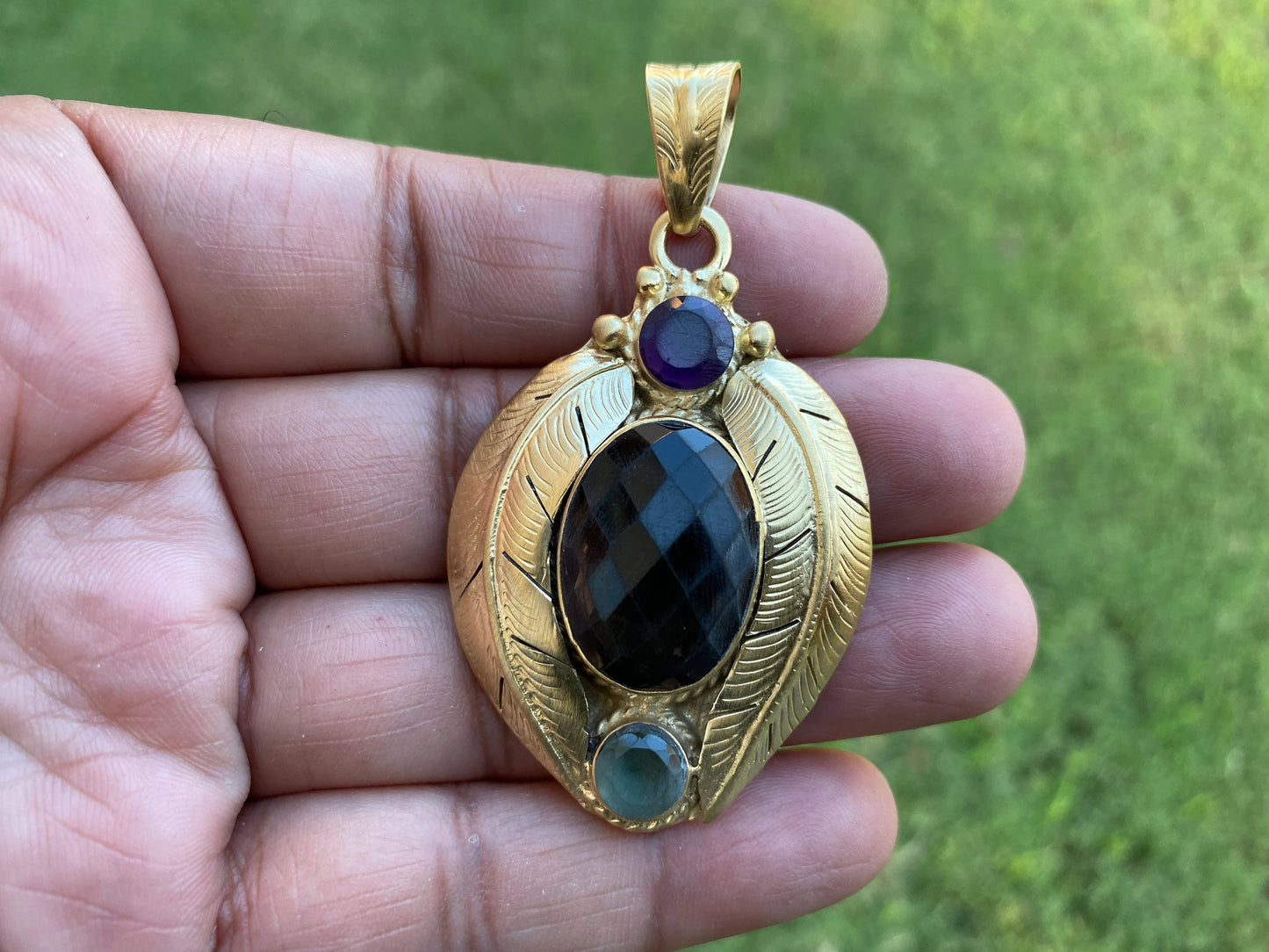 Smoky Topaz Gemstone Pendant, 14k Brushed Gold Overlay, Natural Stone Pendant,Necklace Pendant,Birthstone Pendant, Ethnic Jewelry from Nepal