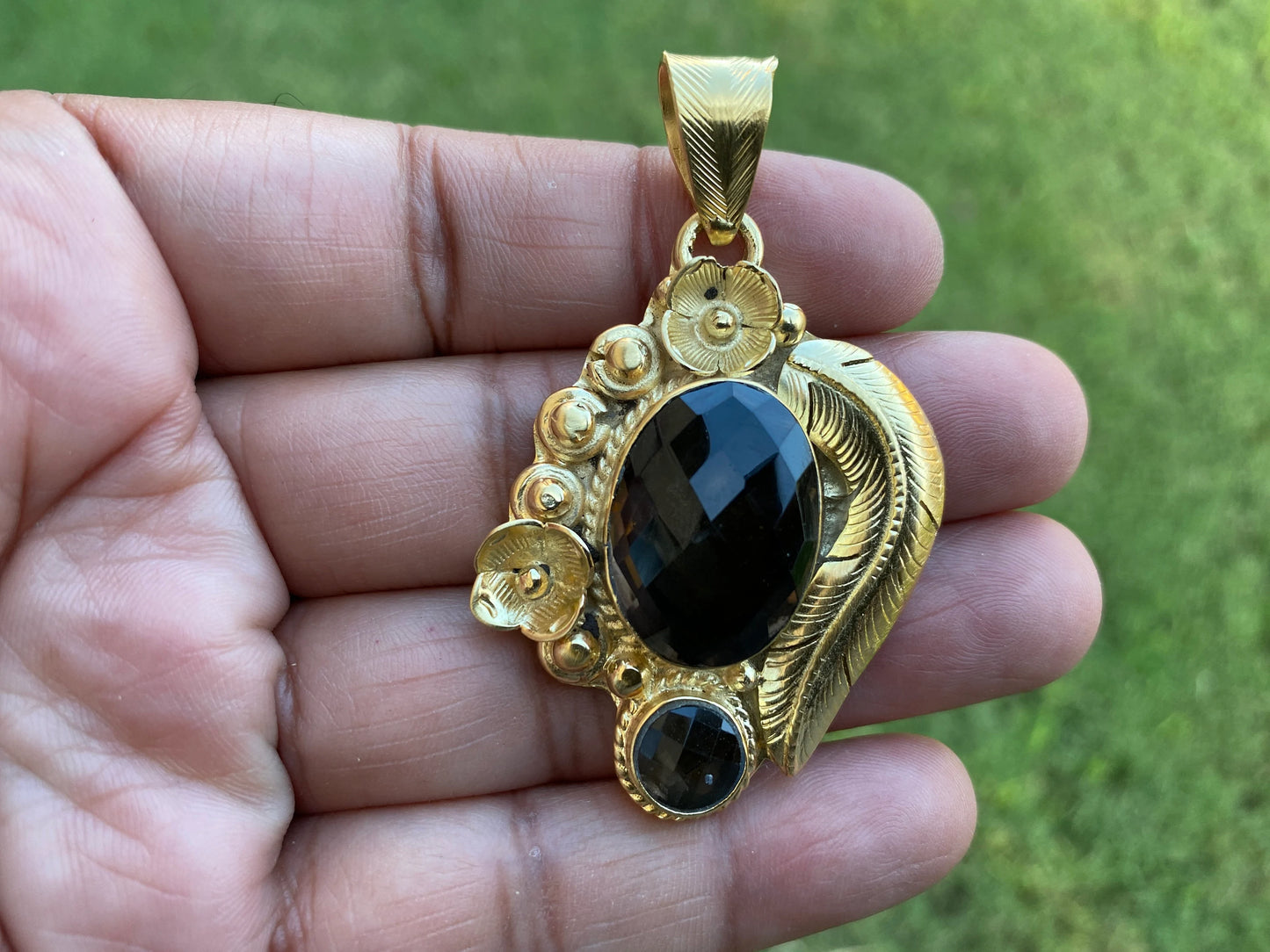 Smoky Topaz Gemstone Pendant, 14k Brushed Gold Overlay, Natural Stone Pendant,Necklace Pendant,Birthstone Pendant, Ethnic Jewelry from Nepal