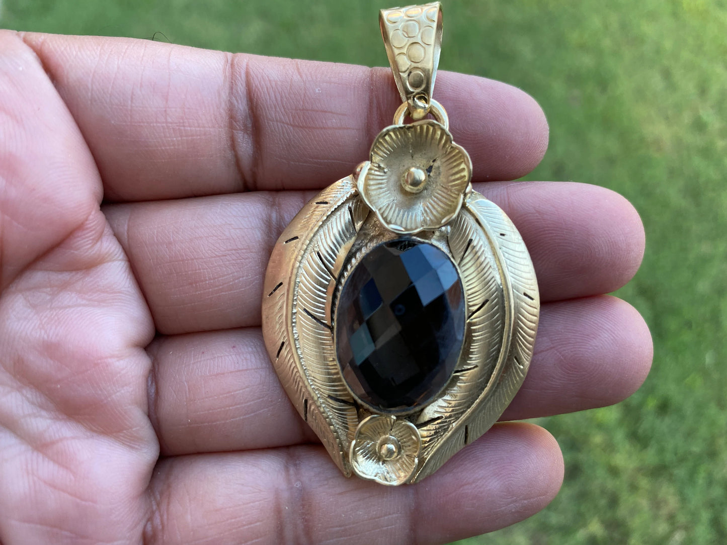 Smoky Topaz Gemstone Pendant, 14k Brushed Gold Overlay, Natural Stone Pendant,Necklace Pendant,Birthstone Pendant, Ethnic Jewelry from Nepal