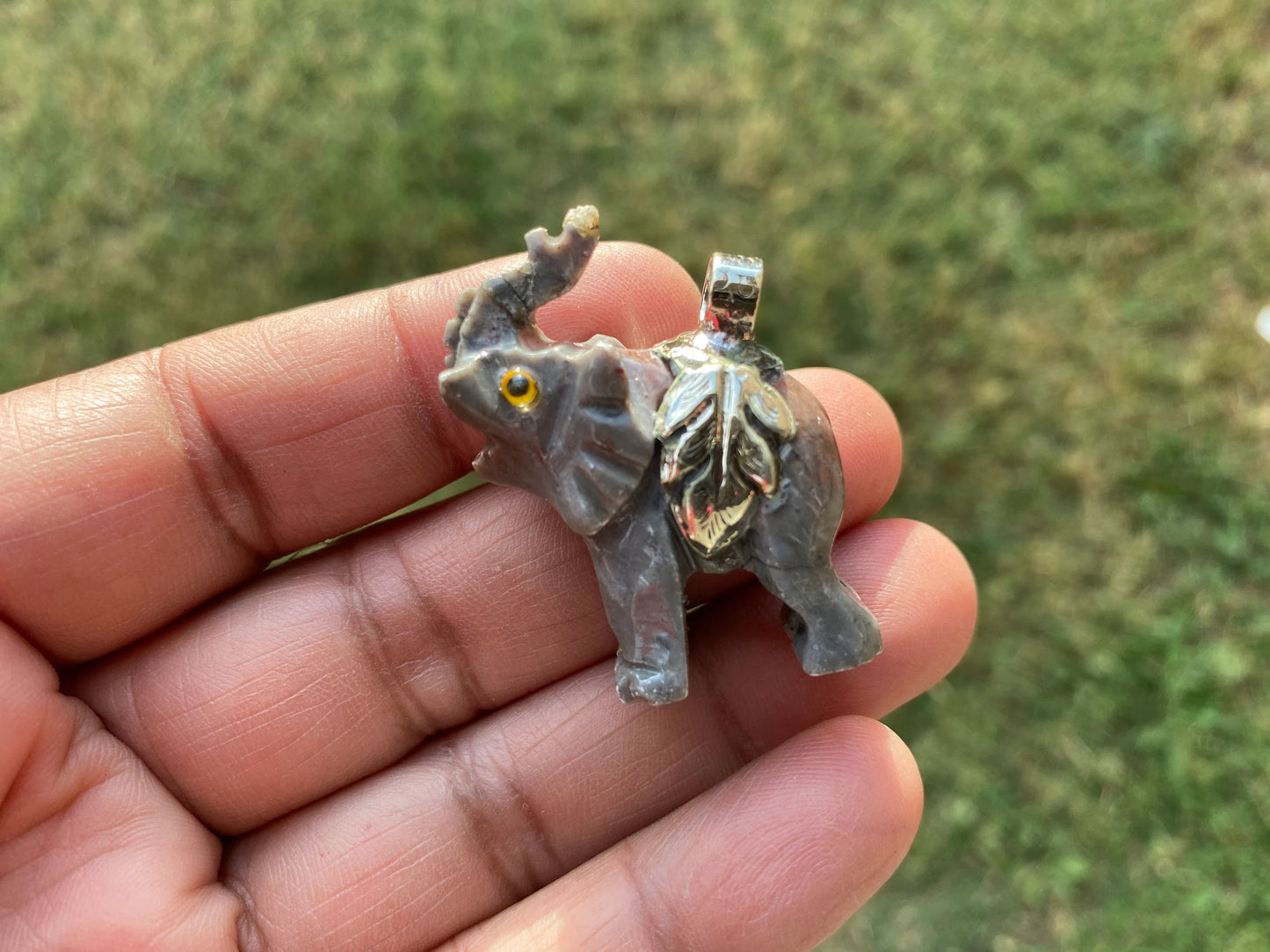 Soapstone Carved Elephant Tibetan Silver Pendant, Carved Elephant Jewelry, Stone Totem Animal, Spirit Animal Gift, Animal Lover's Jewelry