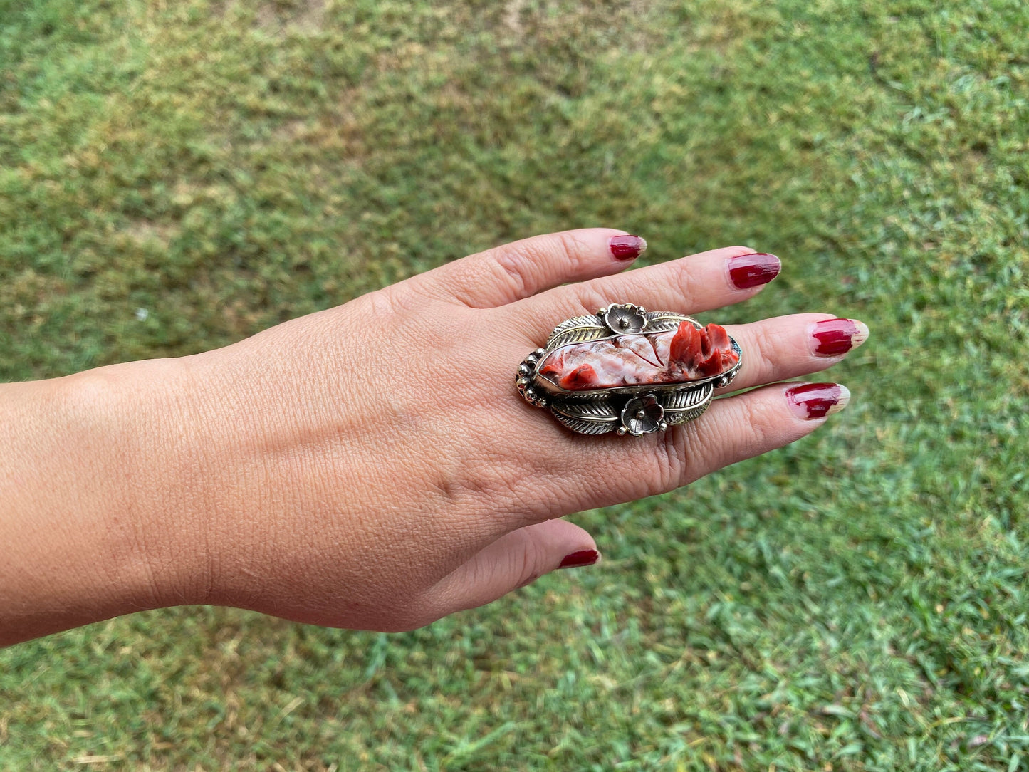 Big Adjustable Natural Spiny Oyster Tibetan Silver Ring, Spiny Oyster Jewelry, Southwest Ring, Statement Ring, Native American Style
