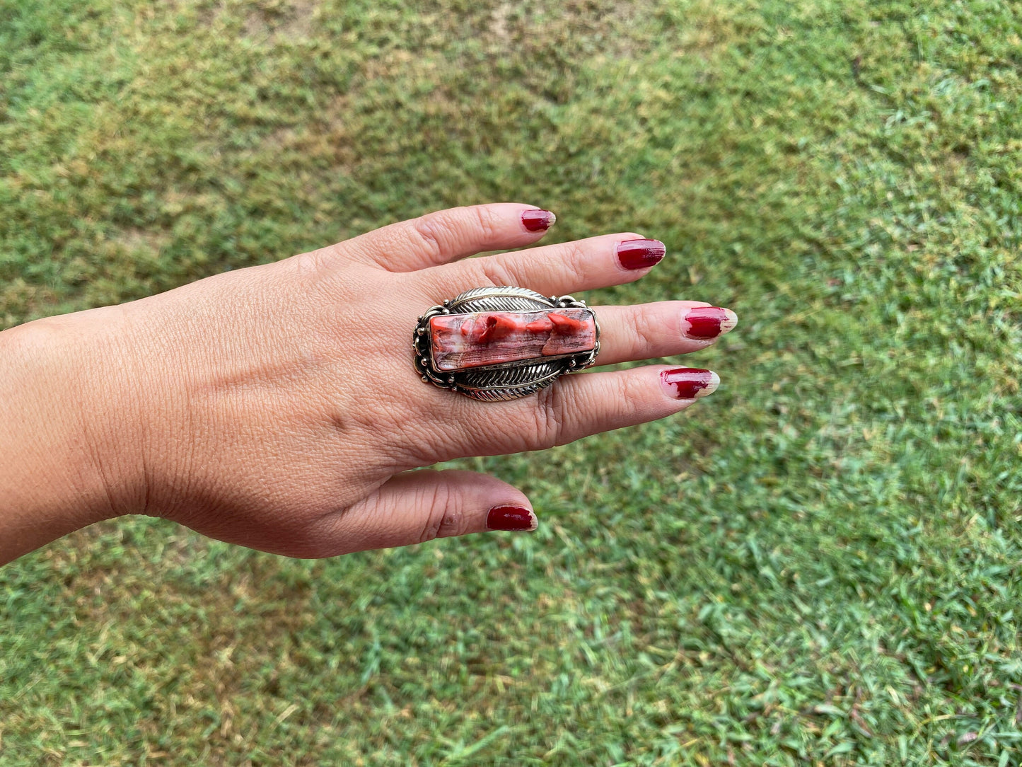 Big Adjustable Natural Spiny Oyster Tibetan Silver Ring, Spiny Oyster Jewelry, Southwest Ring, Statement Ring, Native American Style
