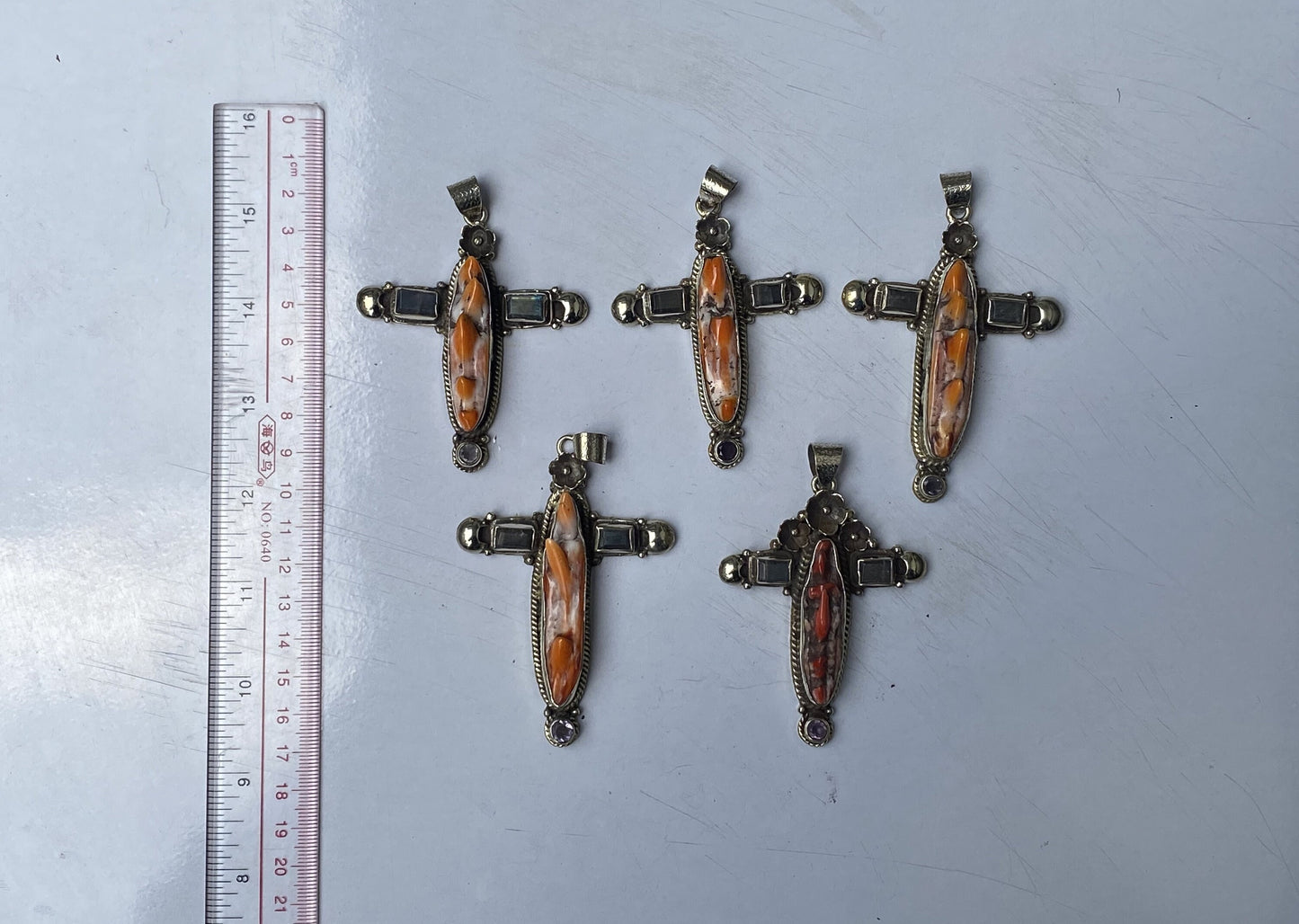 Spiny Orange Oyster for Daily wear, Hammered Natural gemstone pendant, Cross shaped pendant, Spiritual pendant, Unique Sea inspired Pendant.
