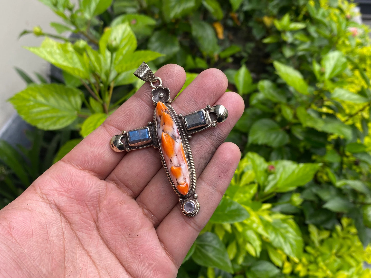 Spiny Orange Oyster for Daily wear, Hammered Natural gemstone pendant, Cross shaped pendant, Spiritual pendant, Unique Sea inspired Pendant.