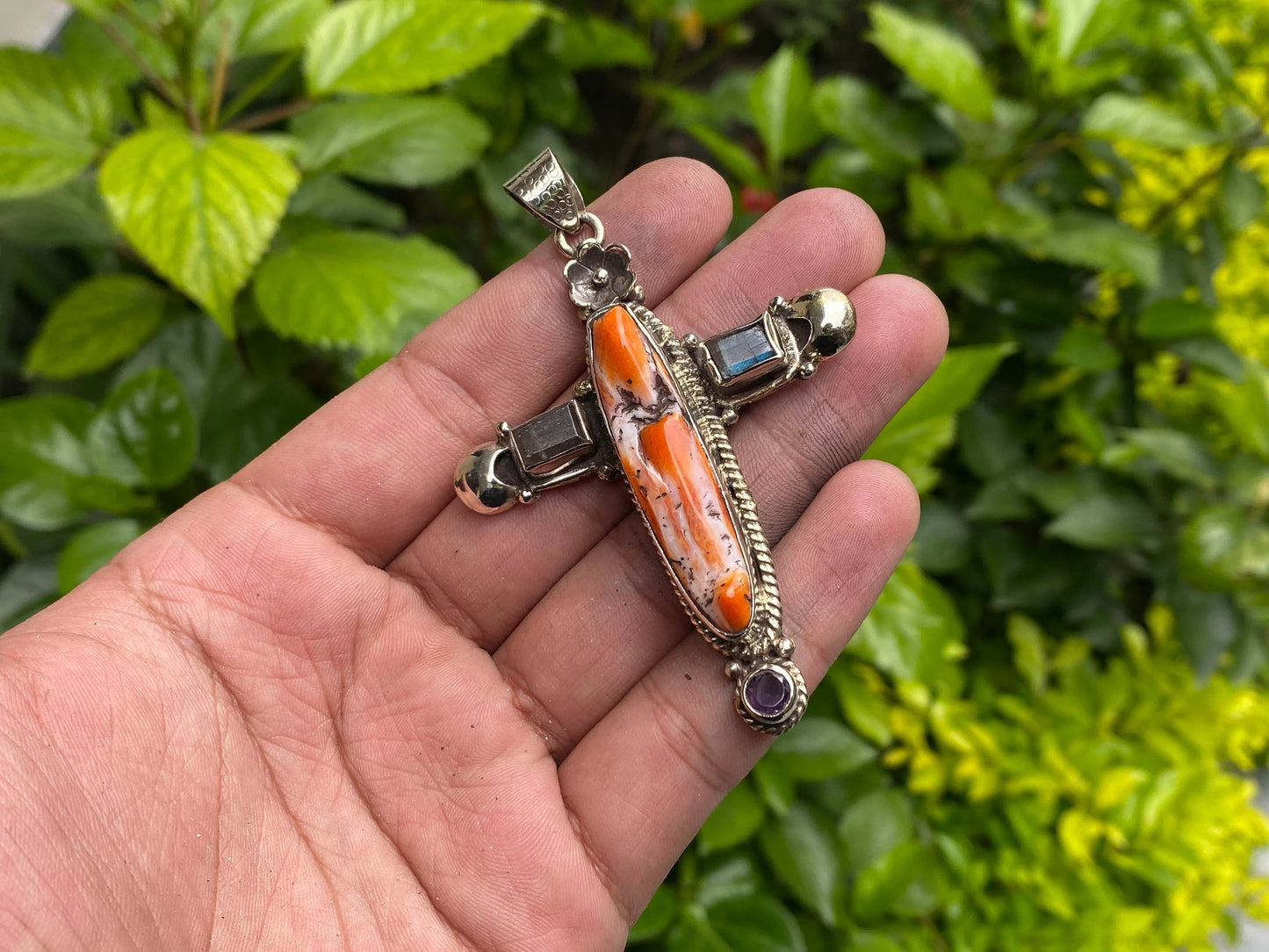 Spiny Orange Oyster for Daily wear, Hammered Natural gemstone pendant, Cross shaped pendant, Spiritual pendant, Unique Sea inspired Pendant.