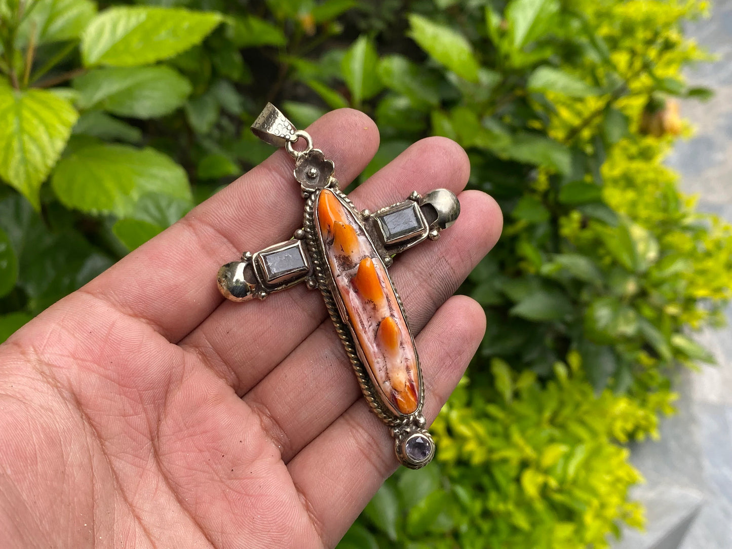 Spiny Orange Oyster for Daily wear, Hammered Natural gemstone pendant, Cross shaped pendant, Spiritual pendant, Unique Sea inspired Pendant.