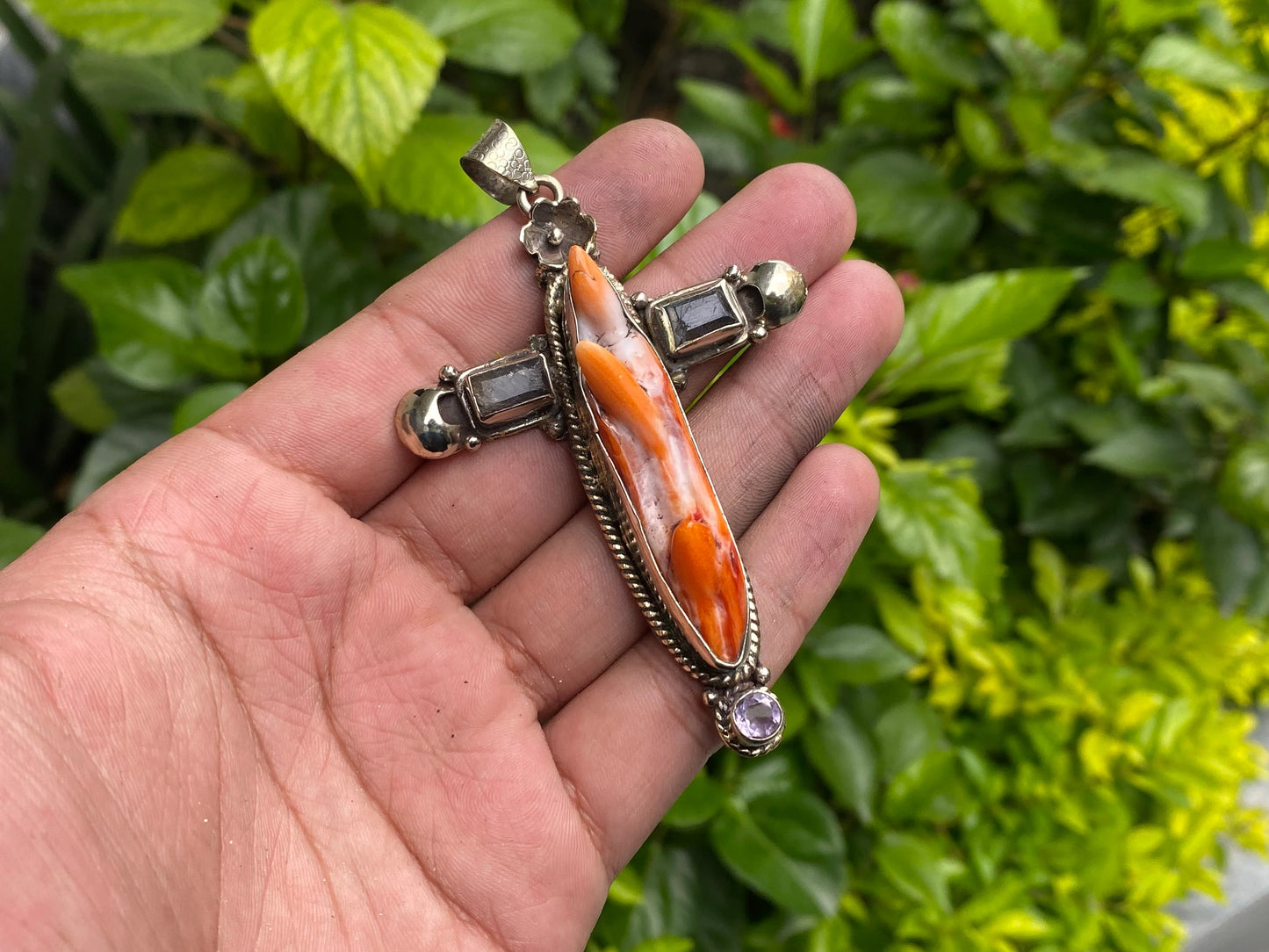 Spiny Orange Oyster for Daily wear, Hammered Natural gemstone pendant, Cross shaped pendant, Spiritual pendant, Unique Sea inspired Pendant.