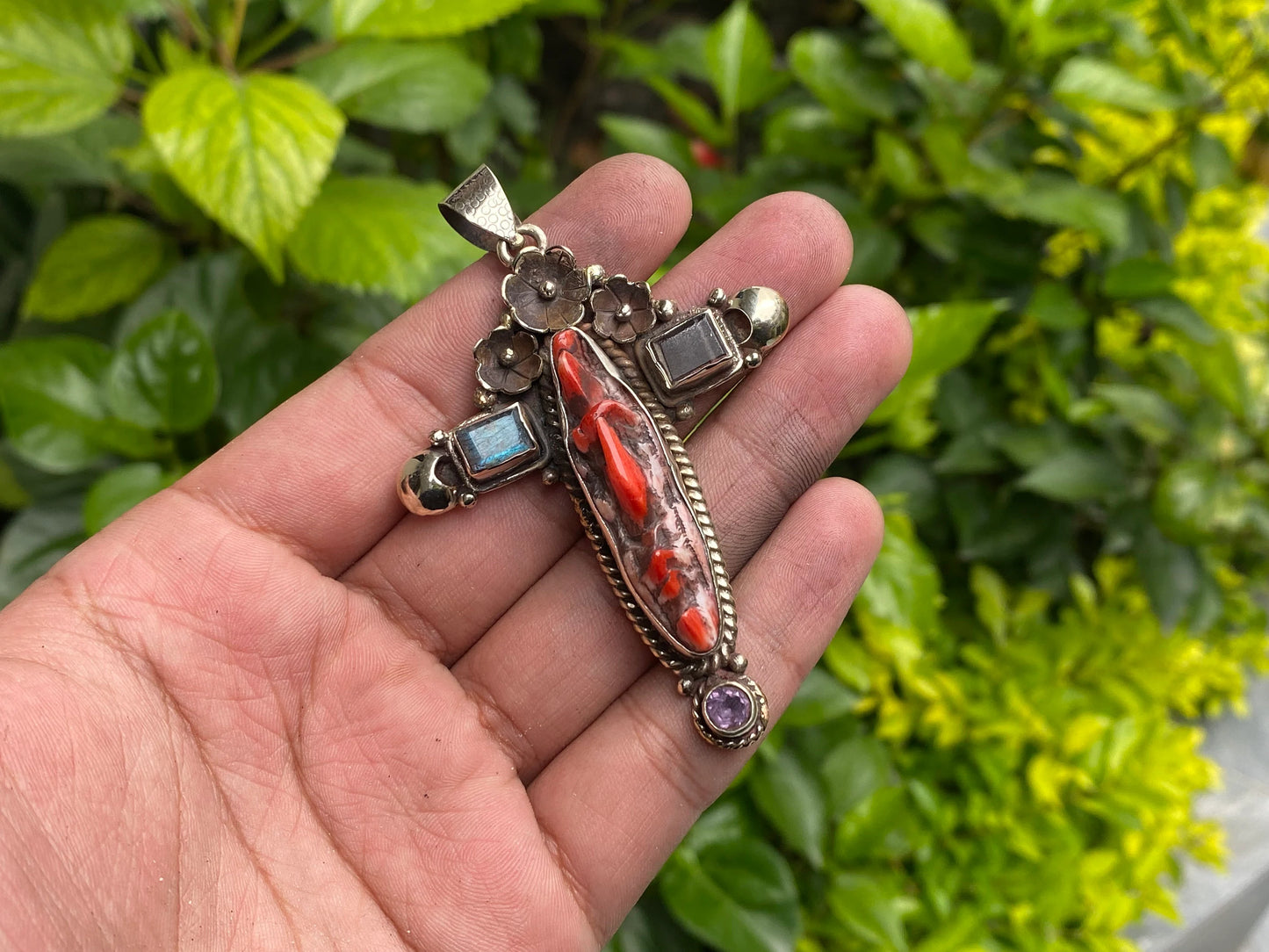 Spiny Orange Oyster for Daily wear, Hammered Natural gemstone pendant, Cross shaped pendant, Spiritual pendant, Unique Sea inspired Pendant.