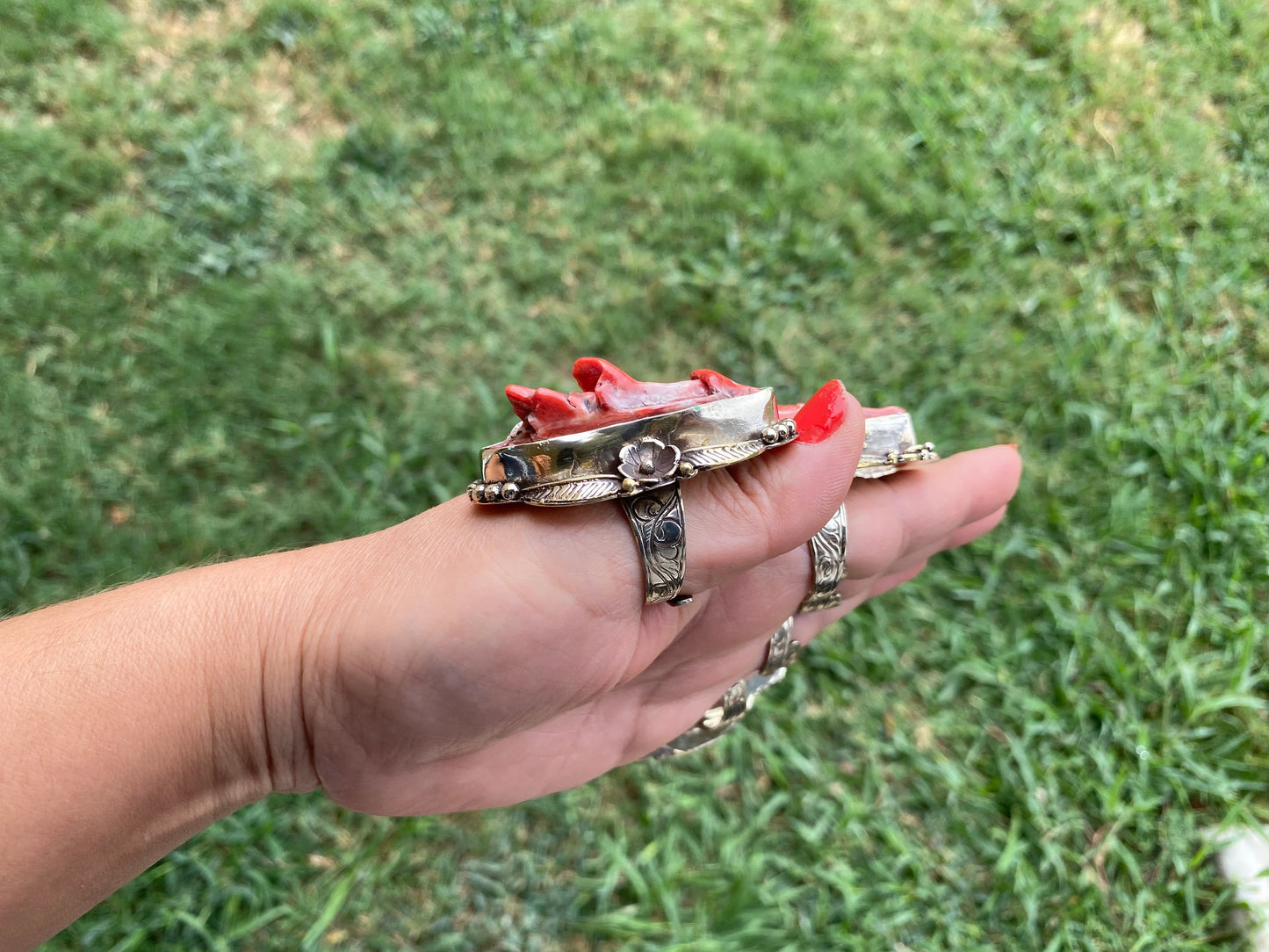Big Adjustable Natural Spiny Oyster Tibetan Silver Ring, Spiny Oyster Jewelry, Southwest Ring, Statement Ring, Native American Style