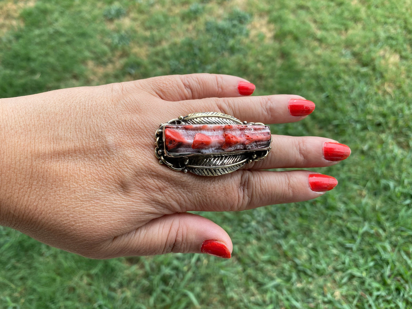 Big Adjustable Natural Spiny Oyster Tibetan Silver Ring, Spiny Oyster Jewelry, Southwest Ring, Statement Ring, Native American Style