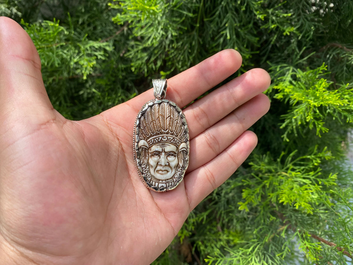 Spirit of the Chief: Intricately Carved Buffalo Bone Pendant, Buffalo Bone Carving Pendant.