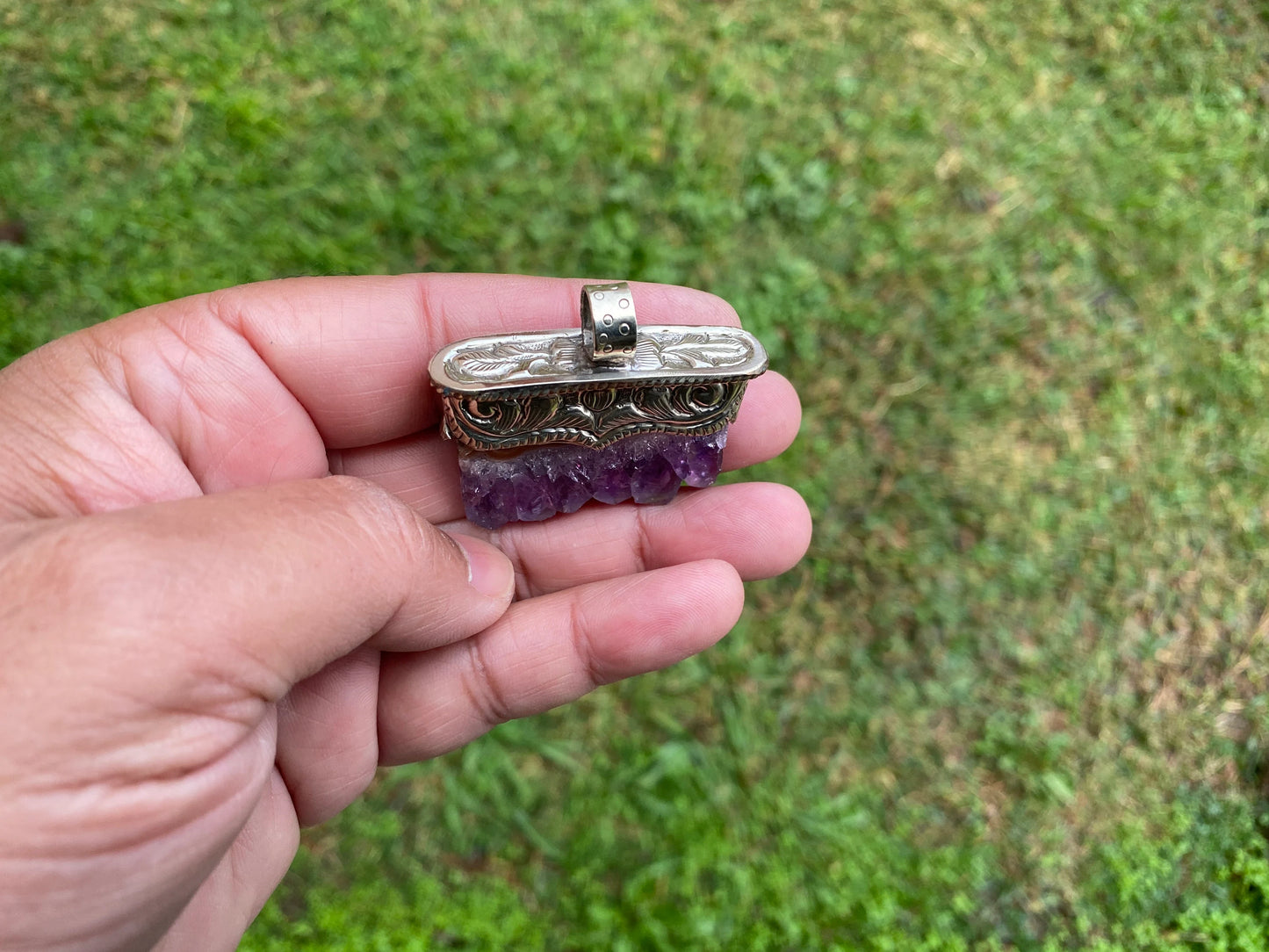 Stalactite Slice Natural Amethyst Tibetan Silver Pendant, Amethyst Slice Pendant, Druzy Crystal Edged Jewelry, Boho Pendant, Earthy Pendant