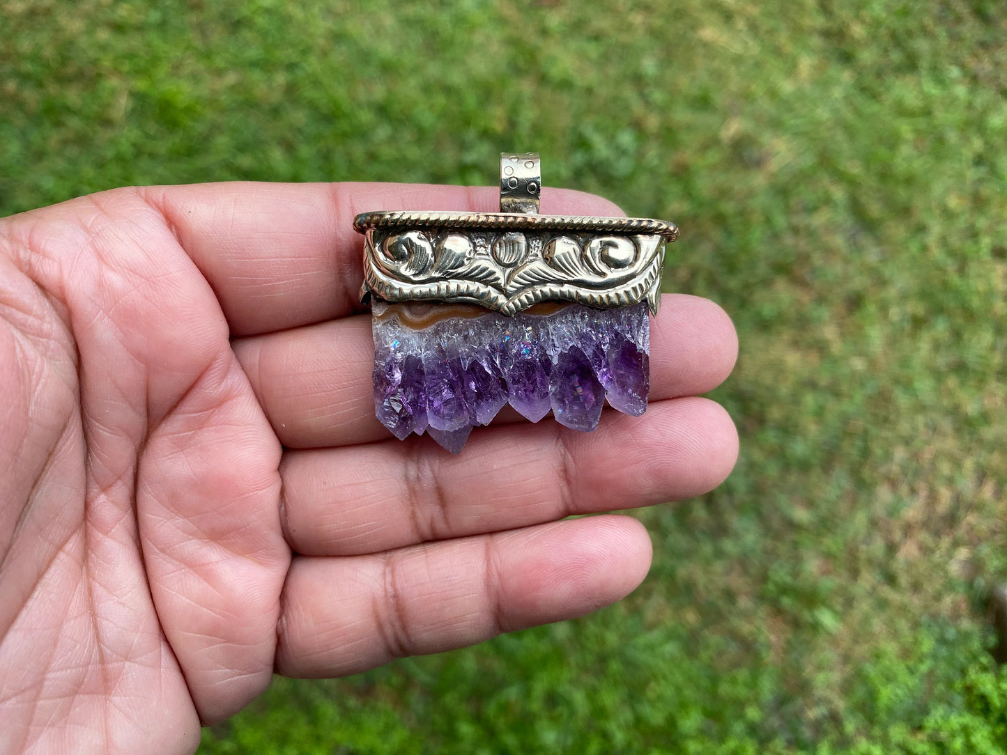 Stalactite Slice Natural Amethyst Tibetan Silver Pendant, Amethyst Slice Pendant, Druzy Crystal Edged Jewelry, Boho Pendant, Earthy Pendant
