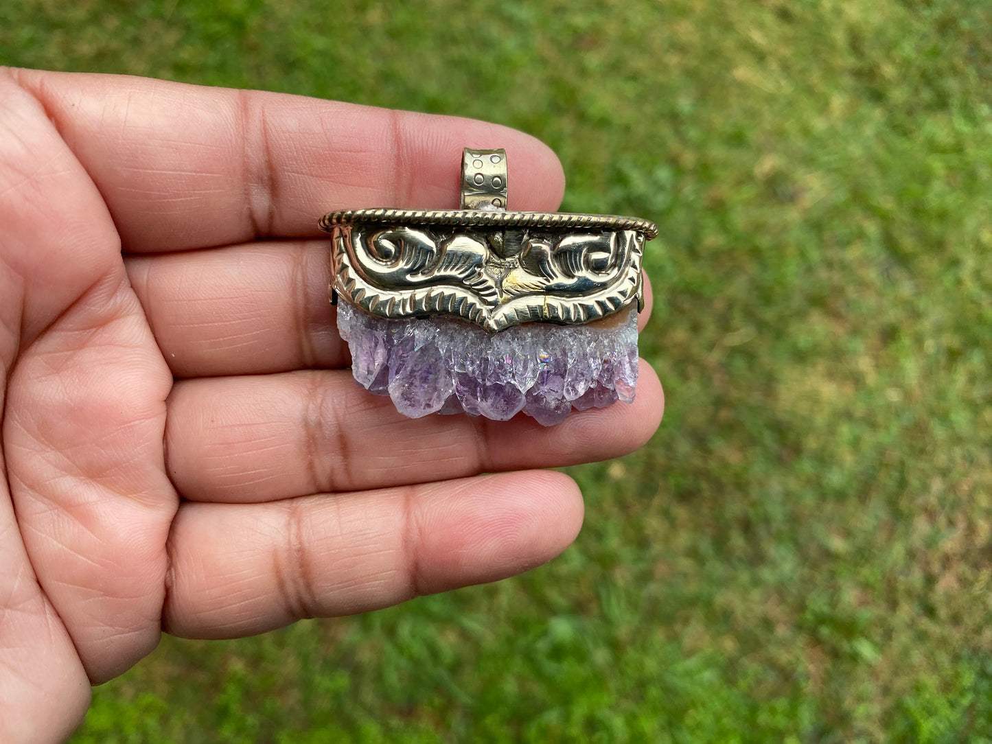 Stalactite Slice Natural Amethyst Tibetan Silver Pendant, Amethyst Slice Pendant, Druzy Crystal Edged Jewelry, Boho Pendant, Earthy Pendant