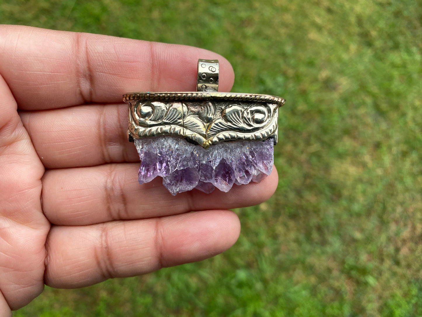 Stalactite Slice Natural Amethyst Tibetan Silver Pendant, Amethyst Slice Pendant, Druzy Crystal Edged Jewelry, Boho Pendant, Earthy Pendant