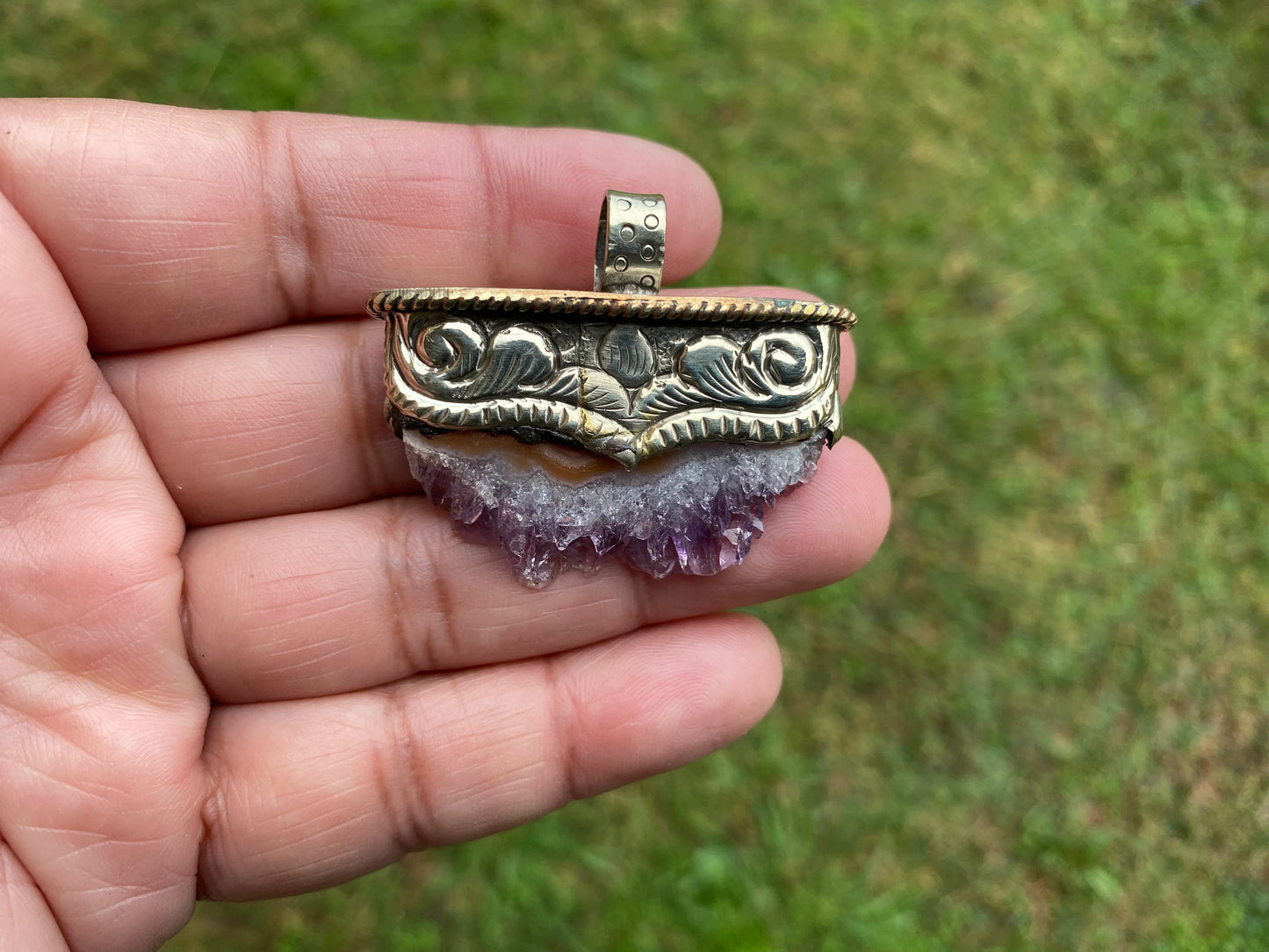 Stalactite Slice Natural Amethyst Tibetan Silver Pendant, Amethyst Slice Pendant, Druzy Crystal Edged Jewelry, Boho Pendant, Earthy Pendant