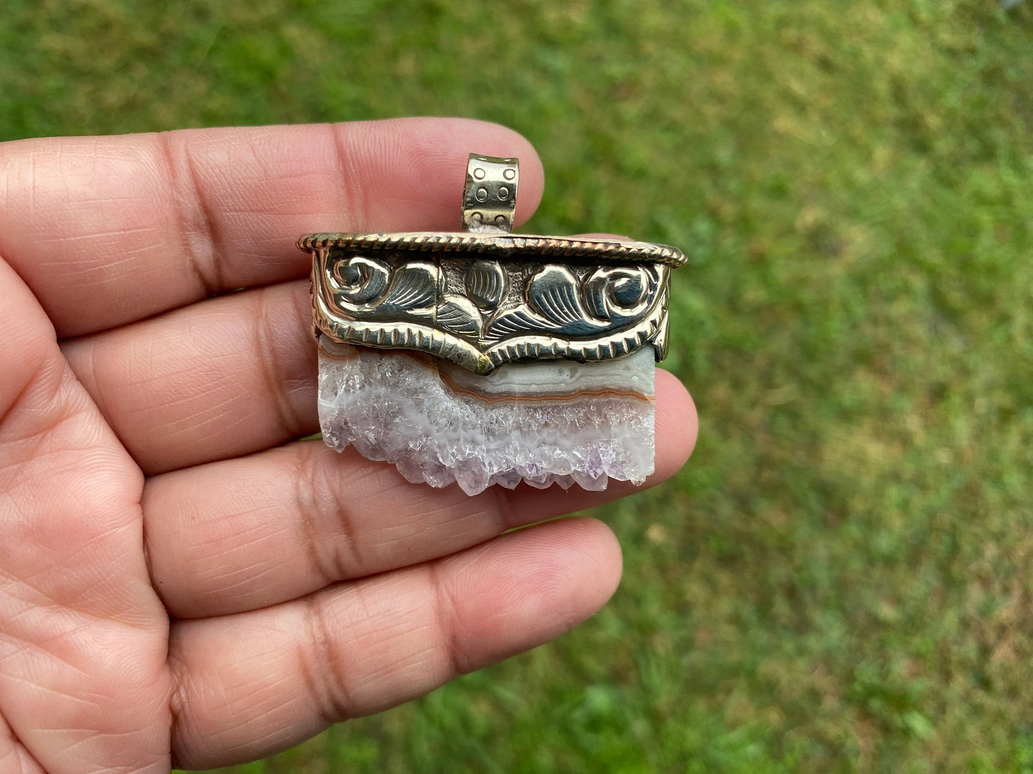 Stalactite Slice Natural Amethyst Tibetan Silver Pendant, Amethyst Slice Pendant, Druzy Crystal Edged Jewelry, Boho Pendant, Earthy Pendant