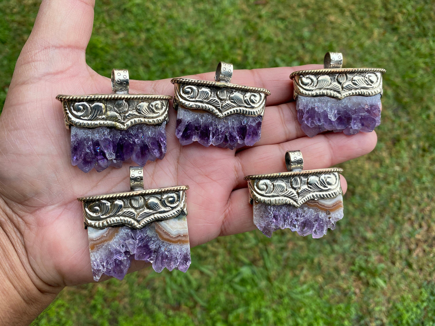 Stalactite Slice Natural Amethyst Tibetan Silver Pendant, Amethyst Slice Pendant, Druzy Crystal Edged Jewelry, Boho Pendant, Earthy Pendant
