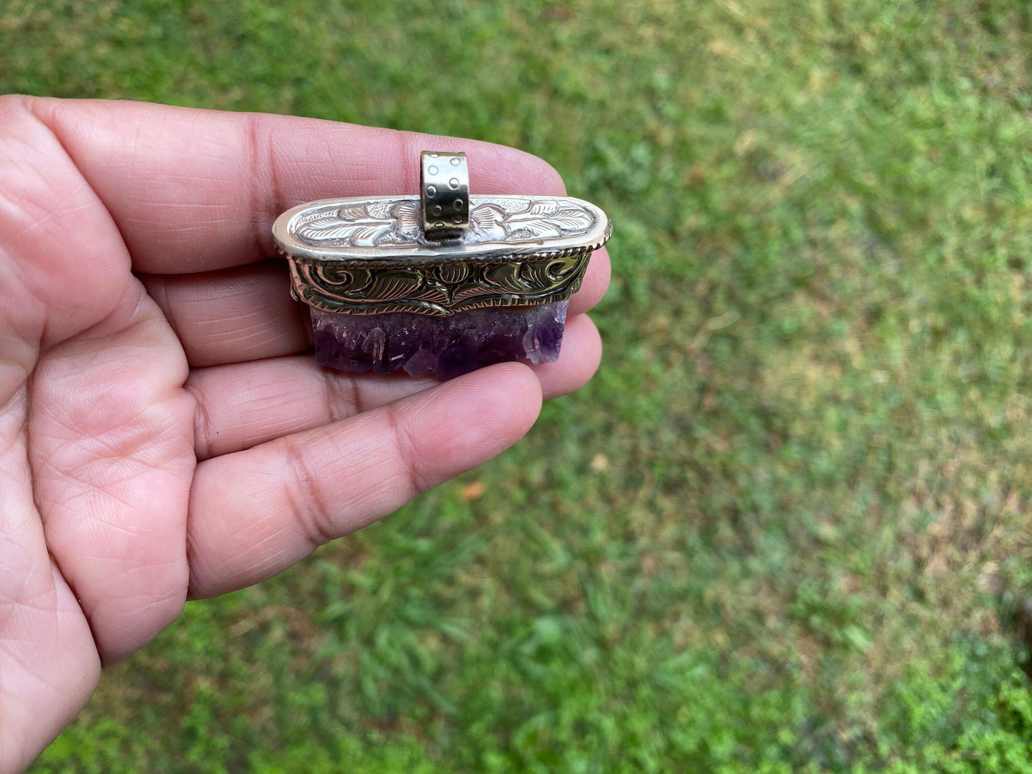 Stalactite Slice Natural Amethyst Tibetan Silver Pendant, Amethyst Slice Pendant, Druzy Crystal Edged Jewelry, Boho Pendant, Earthy Pendant
