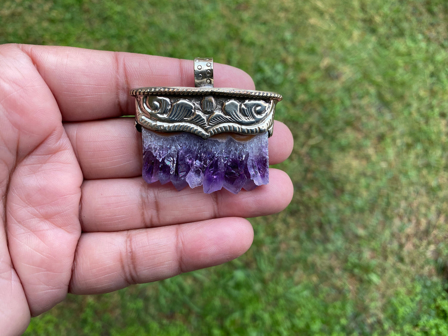 Stalactite Slice Natural Amethyst Tibetan Silver Pendant, Amethyst Slice Pendant, Druzy Crystal Edged Jewelry, Boho Pendant, Earthy Pendant