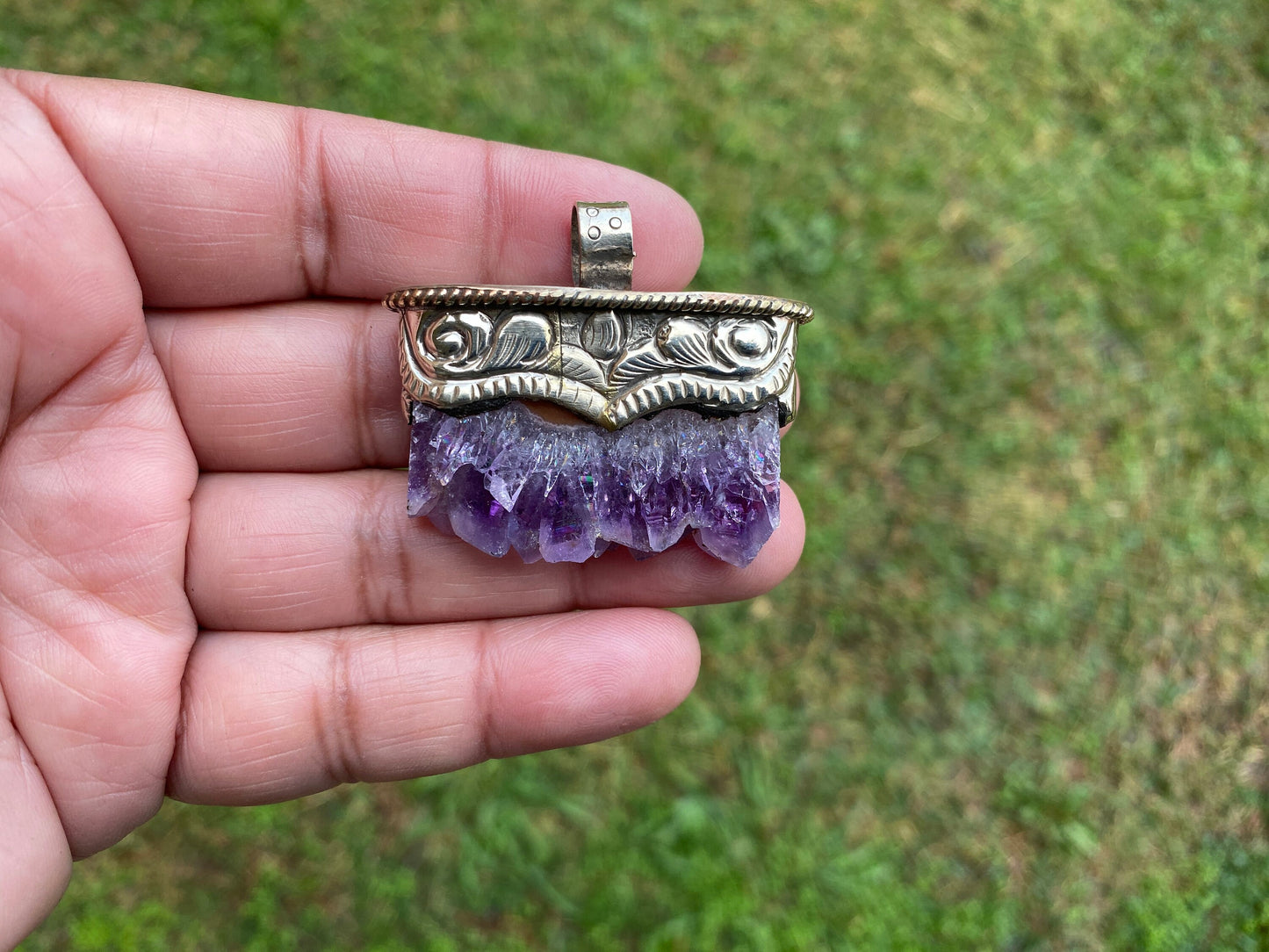 Stalactite Slice Natural Amethyst Tibetan Silver Pendant, Amethyst Slice Pendant, Druzy Crystal Edged Jewelry, Boho Pendant, Earthy Pendant