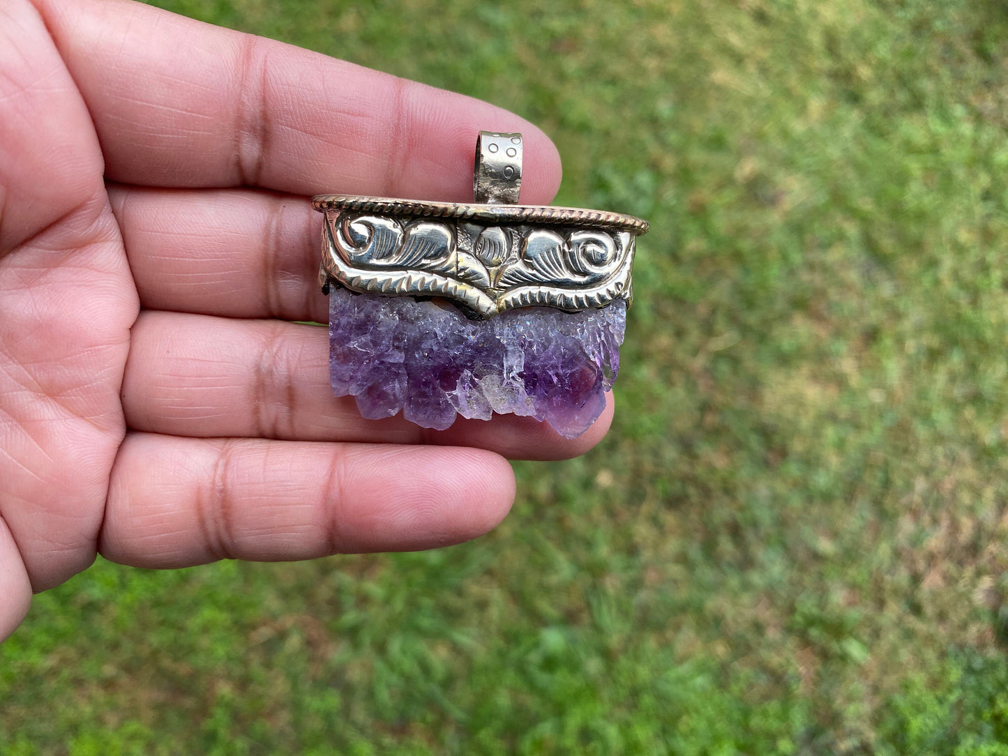 Stalactite Slice Natural Amethyst Tibetan Silver Pendant, Amethyst Slice Pendant, Druzy Crystal Edged Jewelry, Boho Pendant, Earthy Pendant