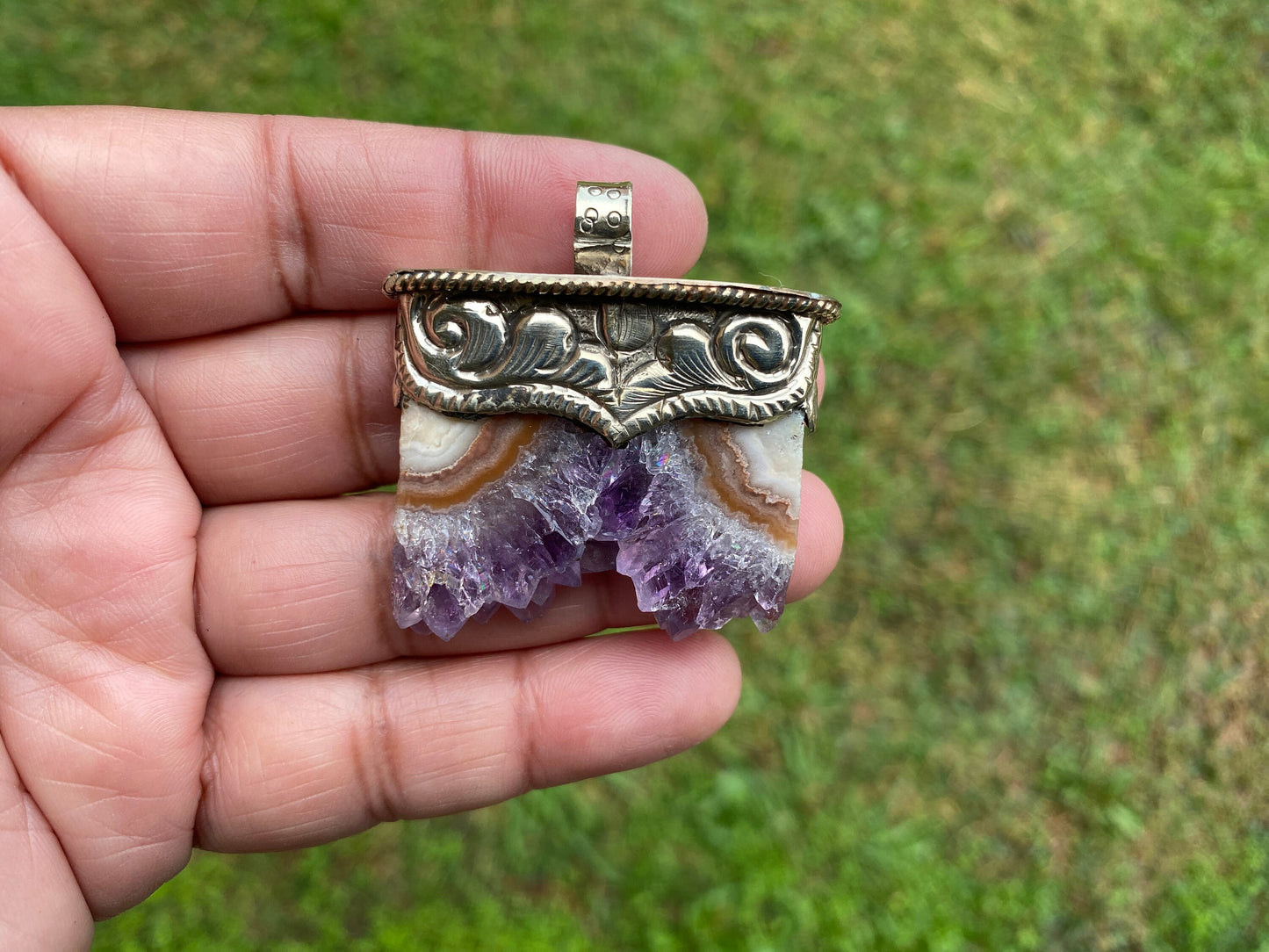Stalactite Slice Natural Amethyst Tibetan Silver Pendant, Amethyst Slice Pendant, Druzy Crystal Edged Jewelry, Boho Pendant, Earthy Pendant