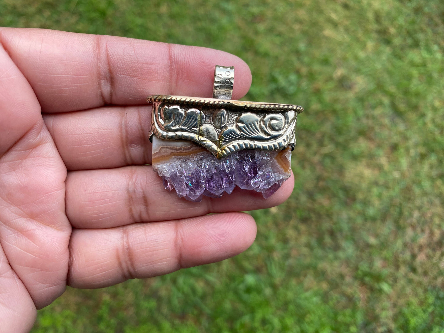 Stalactite Slice Natural Amethyst Tibetan Silver Pendant, Amethyst Slice Pendant, Druzy Crystal Edged Jewelry, Boho Pendant, Earthy Pendant