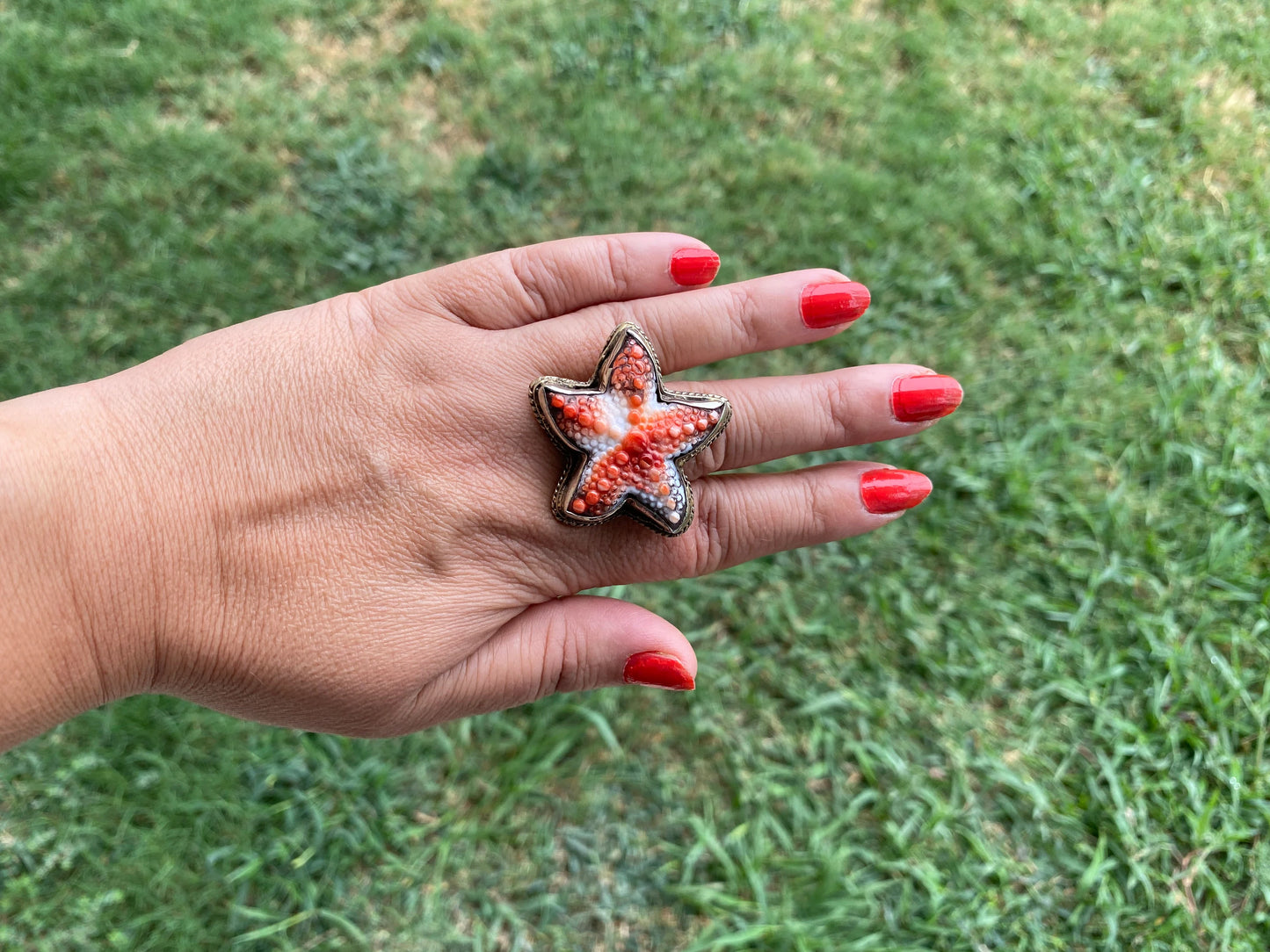 Starfish Adjustable Ring, Spiny Oyster Shell Tibetan Silver, Starfish Designs Jewelry, Southwest Ring, Statement Ring, Native American Style