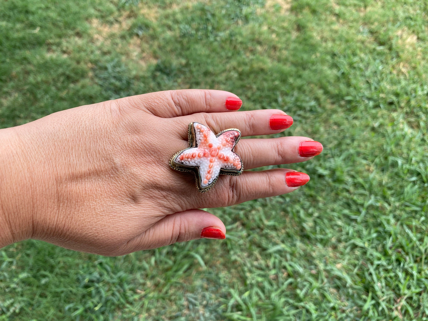 Starfish Adjustable Ring, Spiny Oyster Shell Tibetan Silver, Starfish Designs Jewelry, Southwest Ring, Statement Ring, Native American Style
